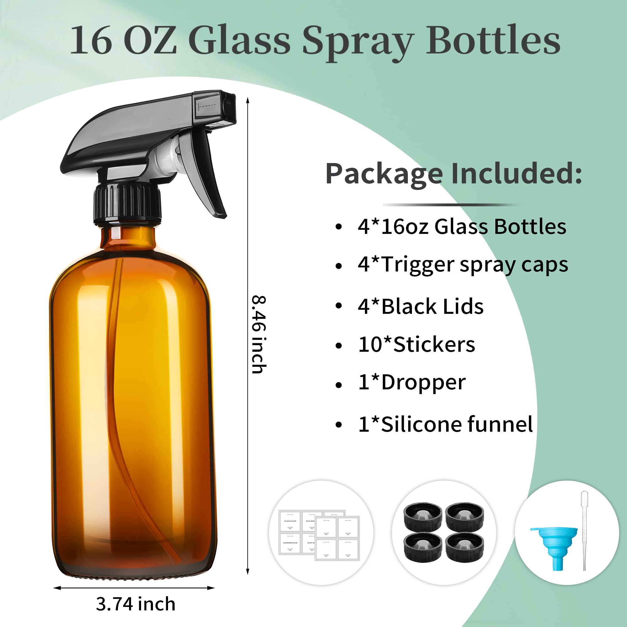 Givameihf 16Oz Amber Glass Spray Bottles,4 Pack Glass Spray Bottles Refillable Empty Bottle With Adjustable Nozzle,Spray Bottle