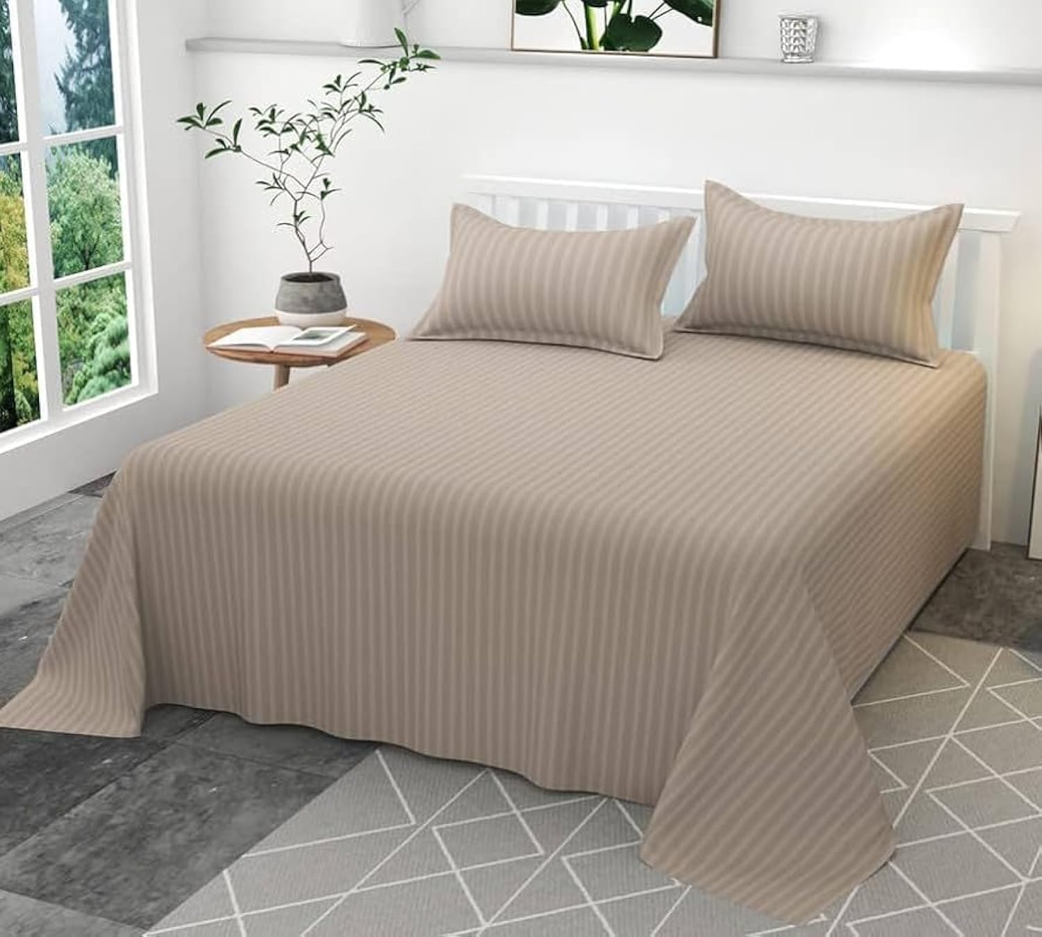 Tripurari 210 Tc Glace Cotton Plain Stripe King Size Double Bedsheet With 2 Pillow Cover (90 X 100) Inch
