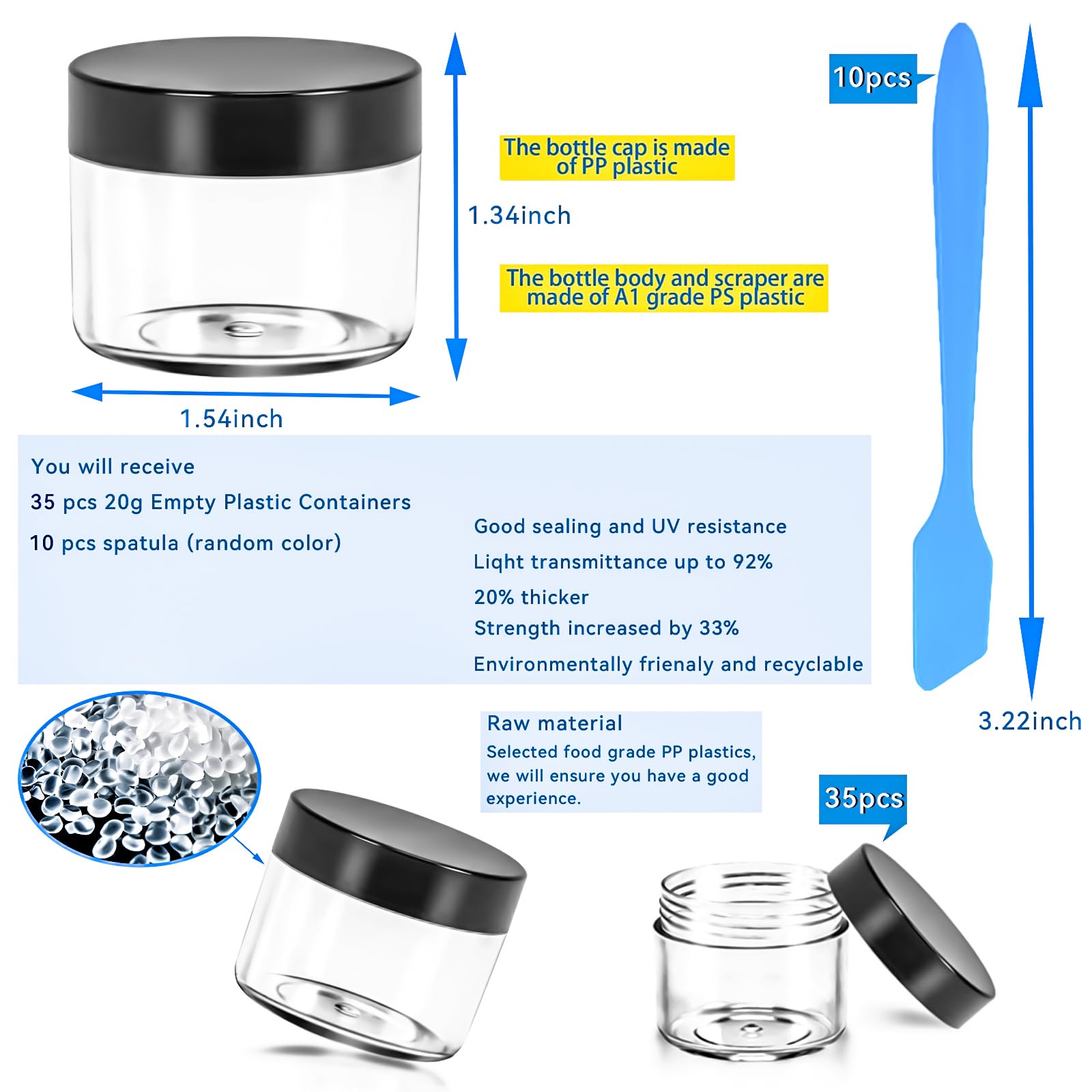 Motbach 35 Pcs 20G Empty Plastic Containers With Black Lids,Small Makeup Sample Containers,0.7Oz Small Sample Pot Jars Round Tra