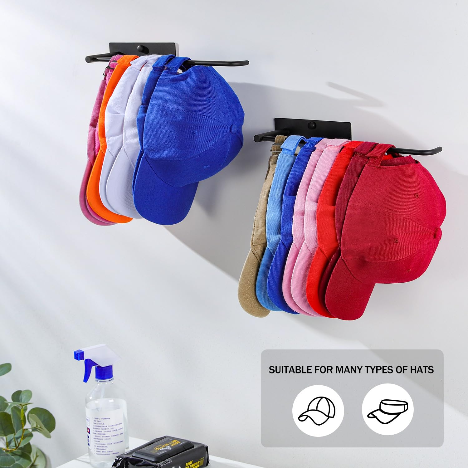 Daoun Hat Organizer For Baseball Caps, 2 Packs Baseball Hat Rack Adhesive Hat Holder, Hat Hanger For Closet Door And Bedroom, Bl