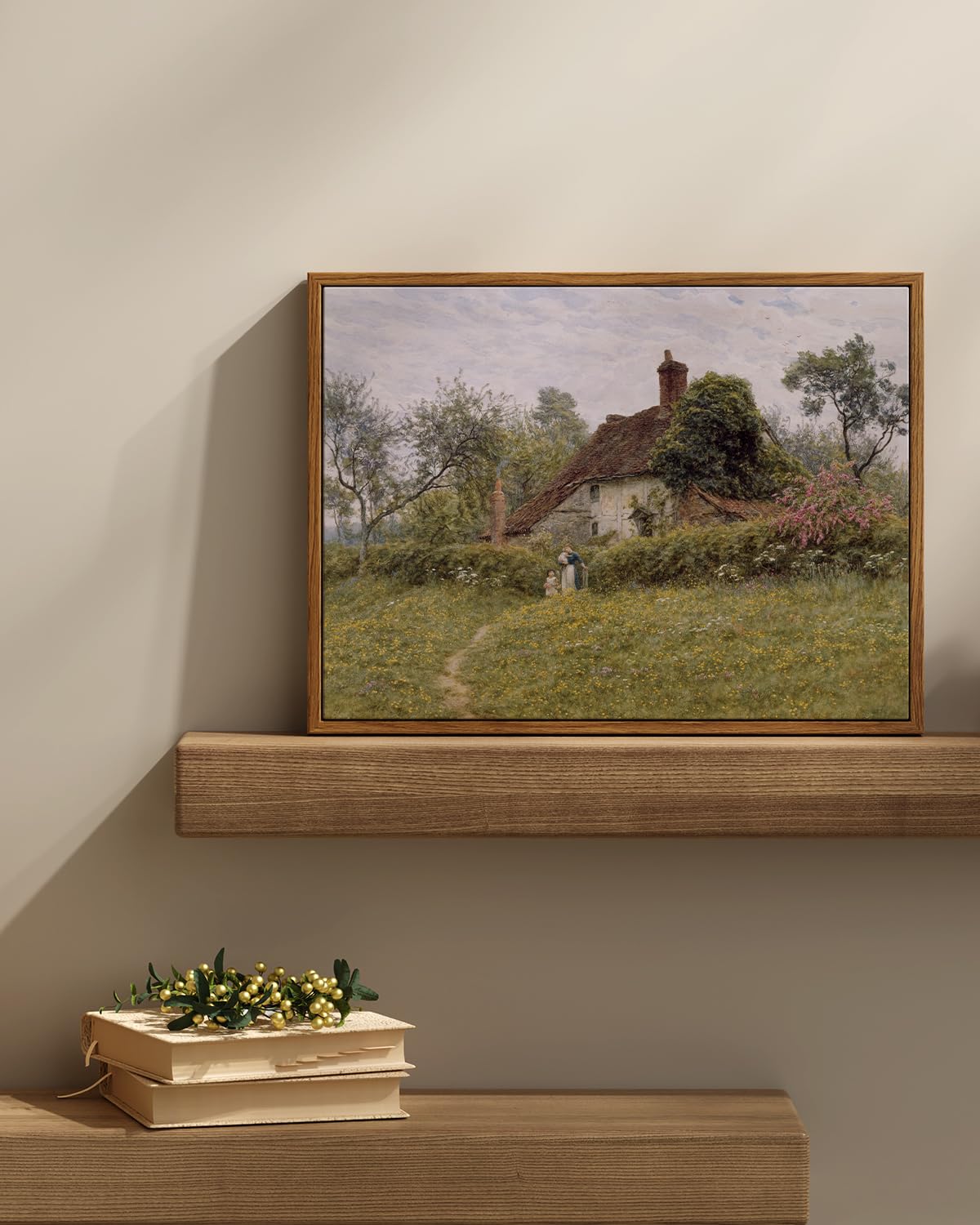 Insimsea Framed Canvas Wall Art Vintage Decor, Landscape Wall Art Prints, Old Cottages Countryside Paintings Wall Decor, Rustic