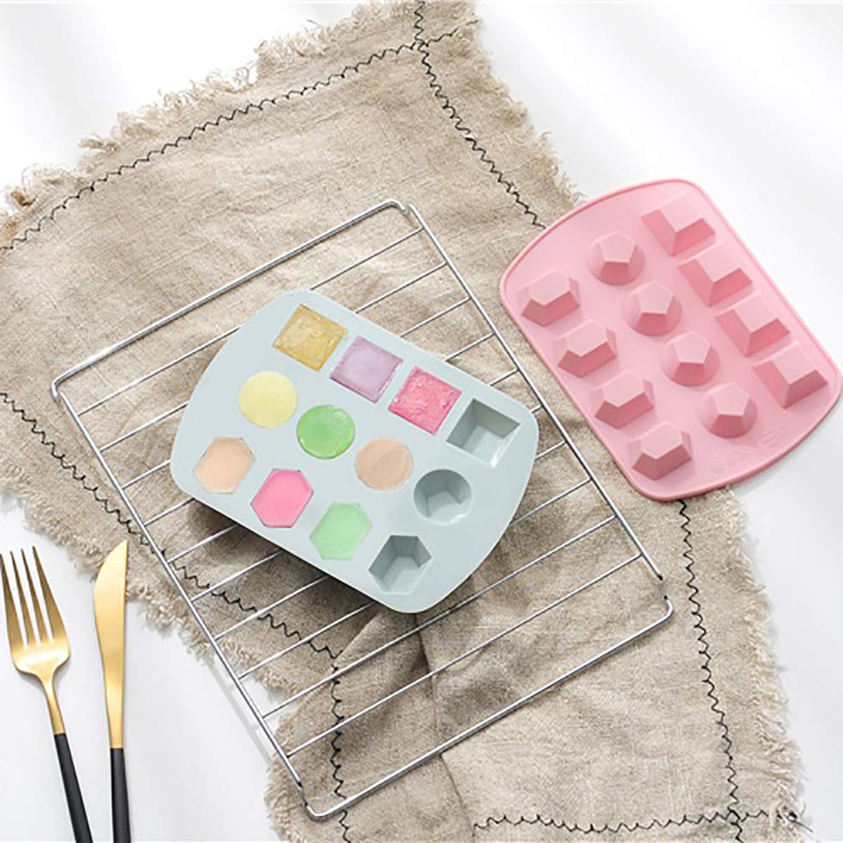 Nicunom 6 Pack Silicone Gem Shapes Candy Molds, 12 Cavity Diamond Cube Tray For Making Jelly, Candy, Chocolate, Cake Decorating,