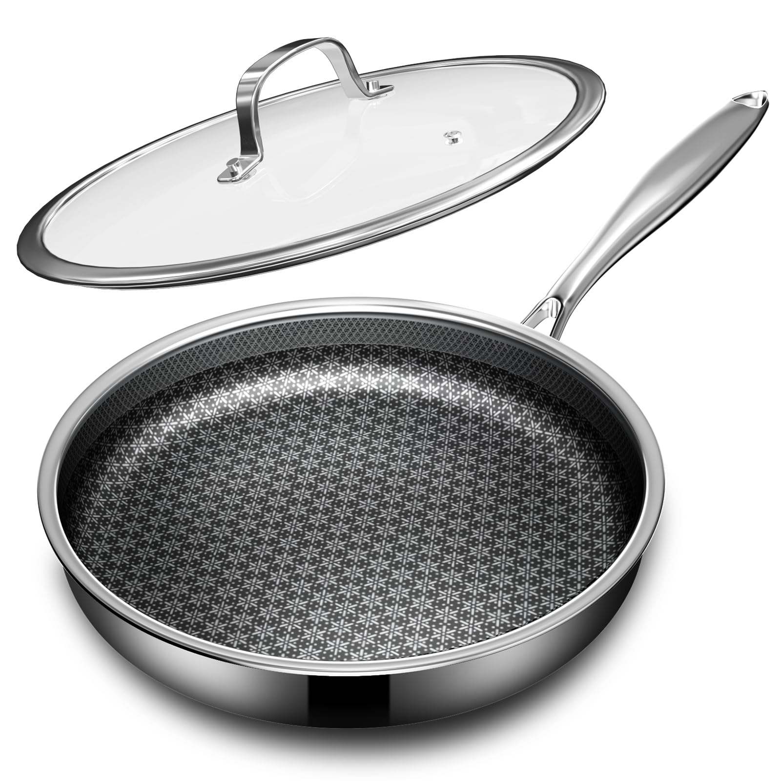KURRUNGIE Non Stick Frying Pans with lid, 10 inch Hybrid Frying Pans Nonstick, non stick Stainless Steel Skillets, Dishwasher an