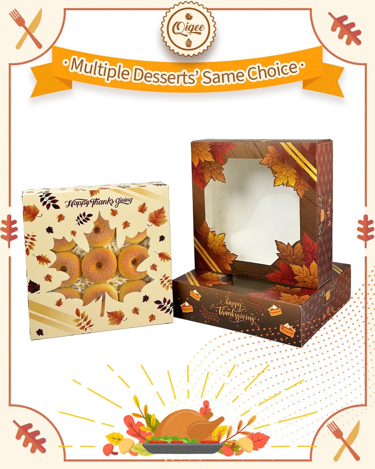 qiqee Thanksgiving Cookie Boxes with Window Fall Treat Box 30packs 9x9x2.5 Inch Bakery Box Pastry Box for Thanksgiving Day