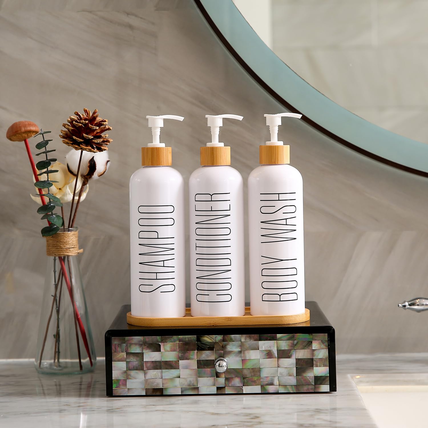 Prus Waso Shampoo And Conditioner Dispenser, Contains Shampoo Conditioner Body Wash Dispenser. Shower Soap Dispenser With Bamboo