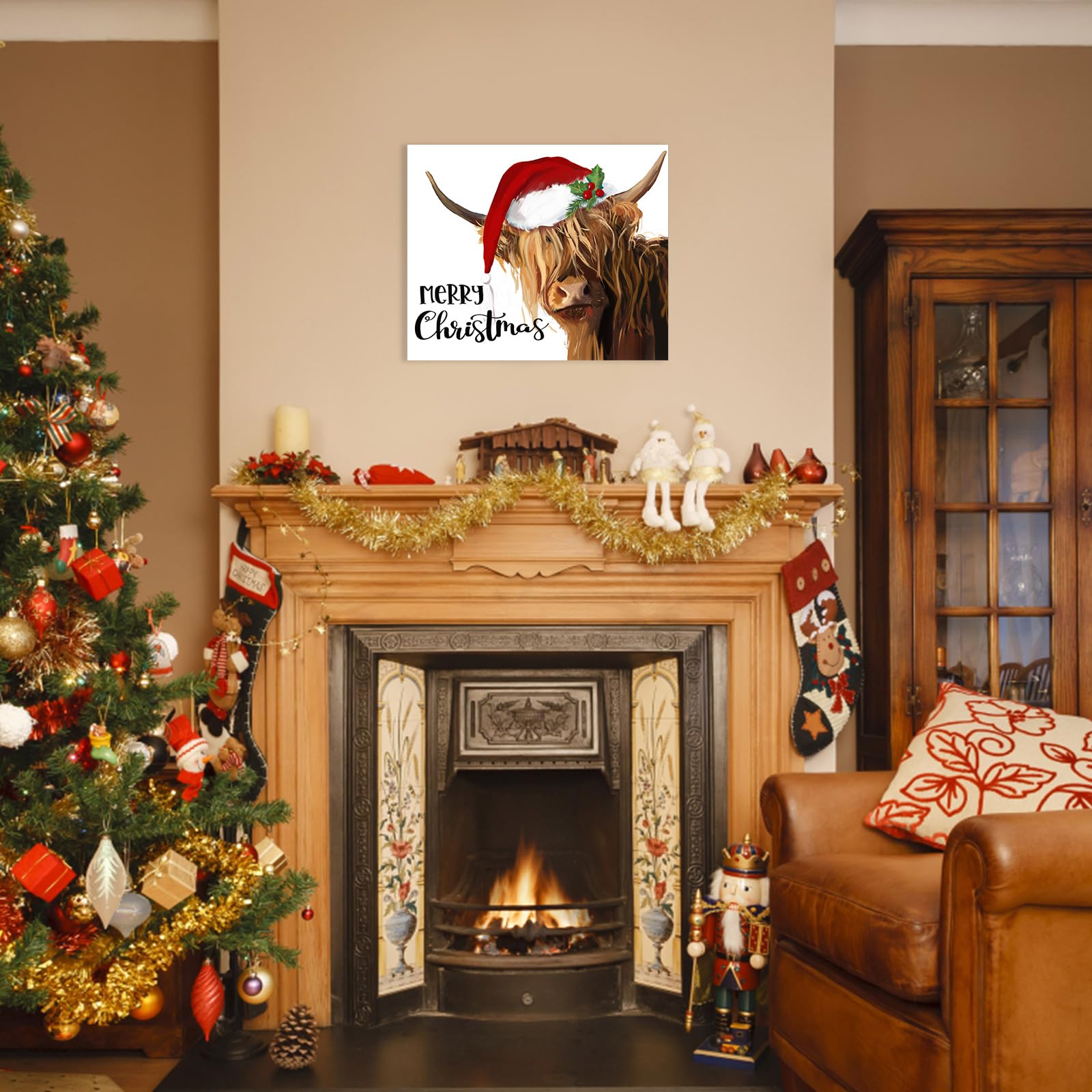 HLJ ART Highland Cow Christmas Wall Art - Canvas Print 12"x15", Farmhouse Decor for Living Room, Kitchen, Holiday Wall Hanging