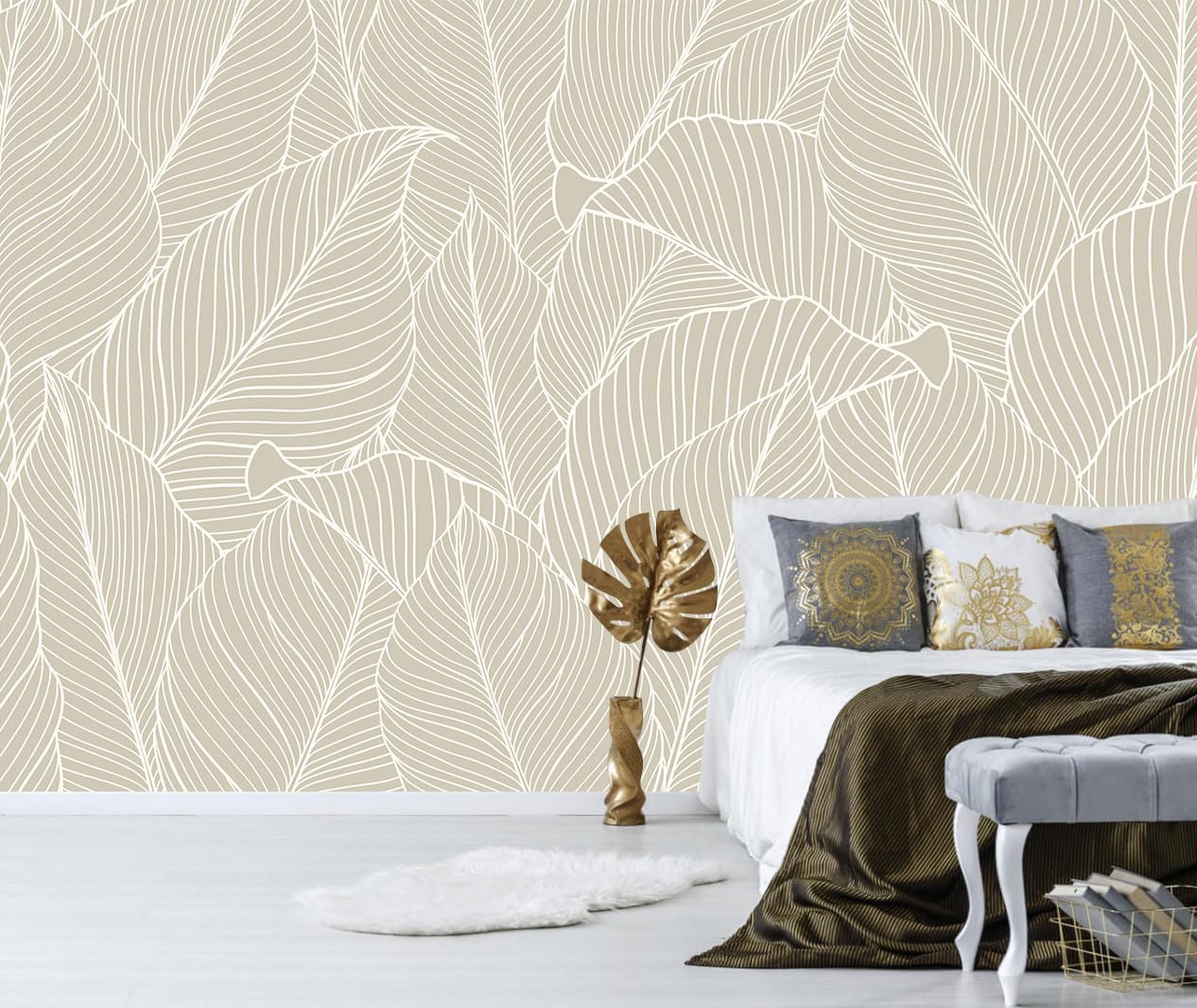 TUNDJ - Tropical Palm Leaf Beige Wallpaper Peel and Stick Botanical Leaf Pattern Art Self Adhesive Wall Mural for Living Room Be
