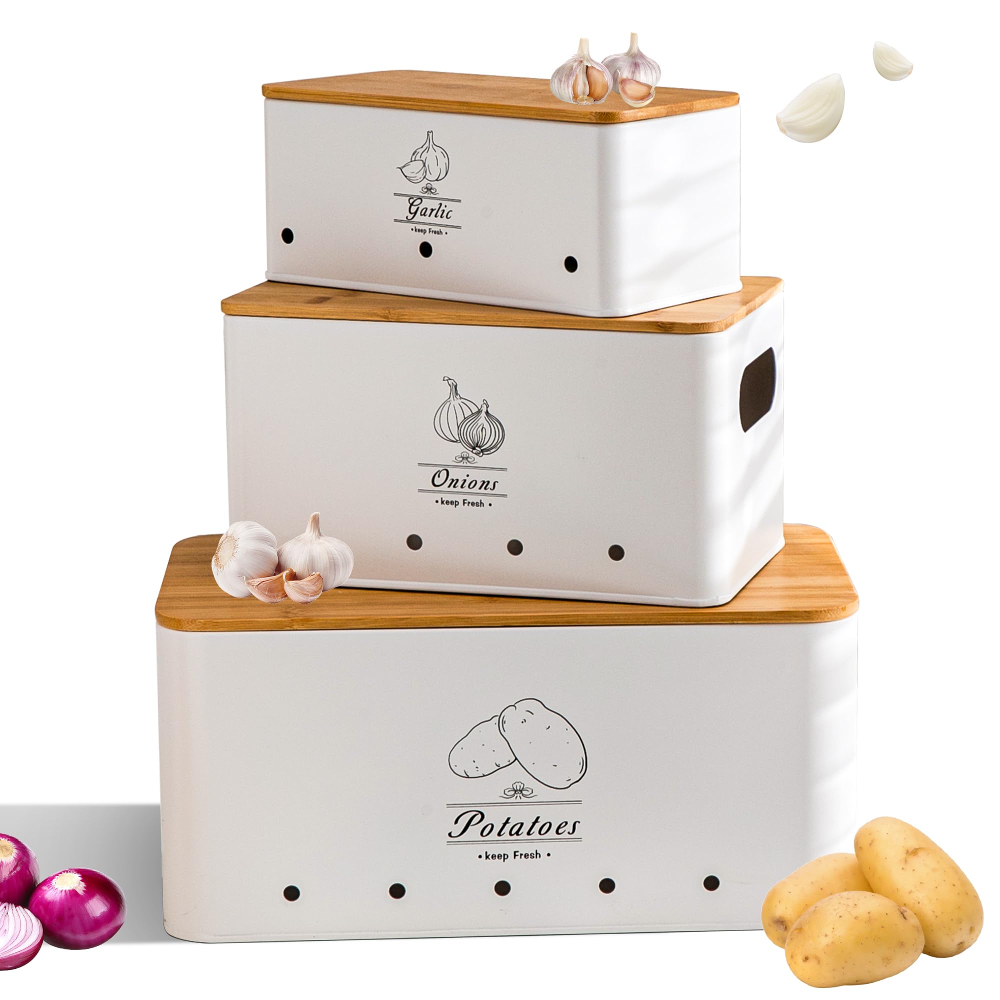 Tenforie Metal Potato Onion and Garlic Storage Tin Set of 3, White Kitchen Vegetable Canisters with Bamboo Lid and Aerating Hole