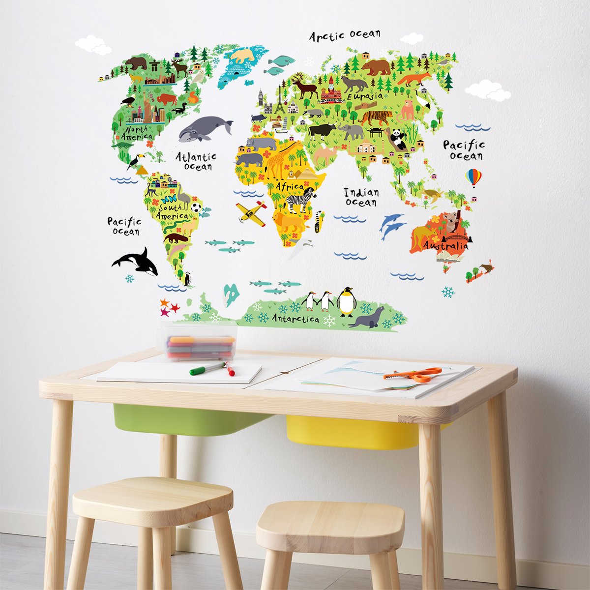 Homeevolution Large Kids Educational Animal Landmarks World Map Peel & Stick Wall Decals Stickers Home Decor Art For Nursery