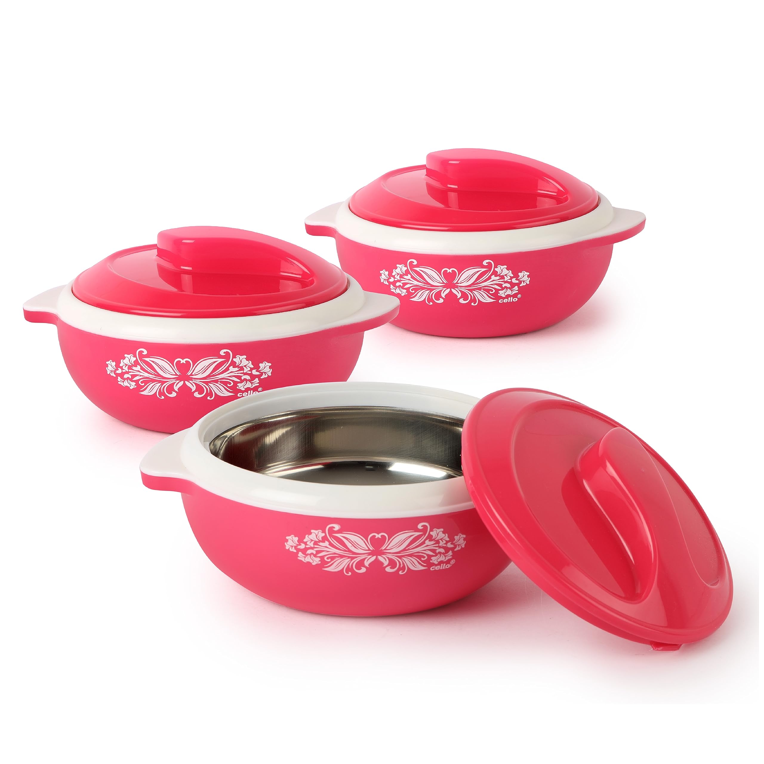 Cello Hot Serve Set Of 3 Pieces Casserole Hot Pot Box For Kitchen, Pink (500Ml, 850Ml, 1500Ml) | Serving Inner Steel Insulated F