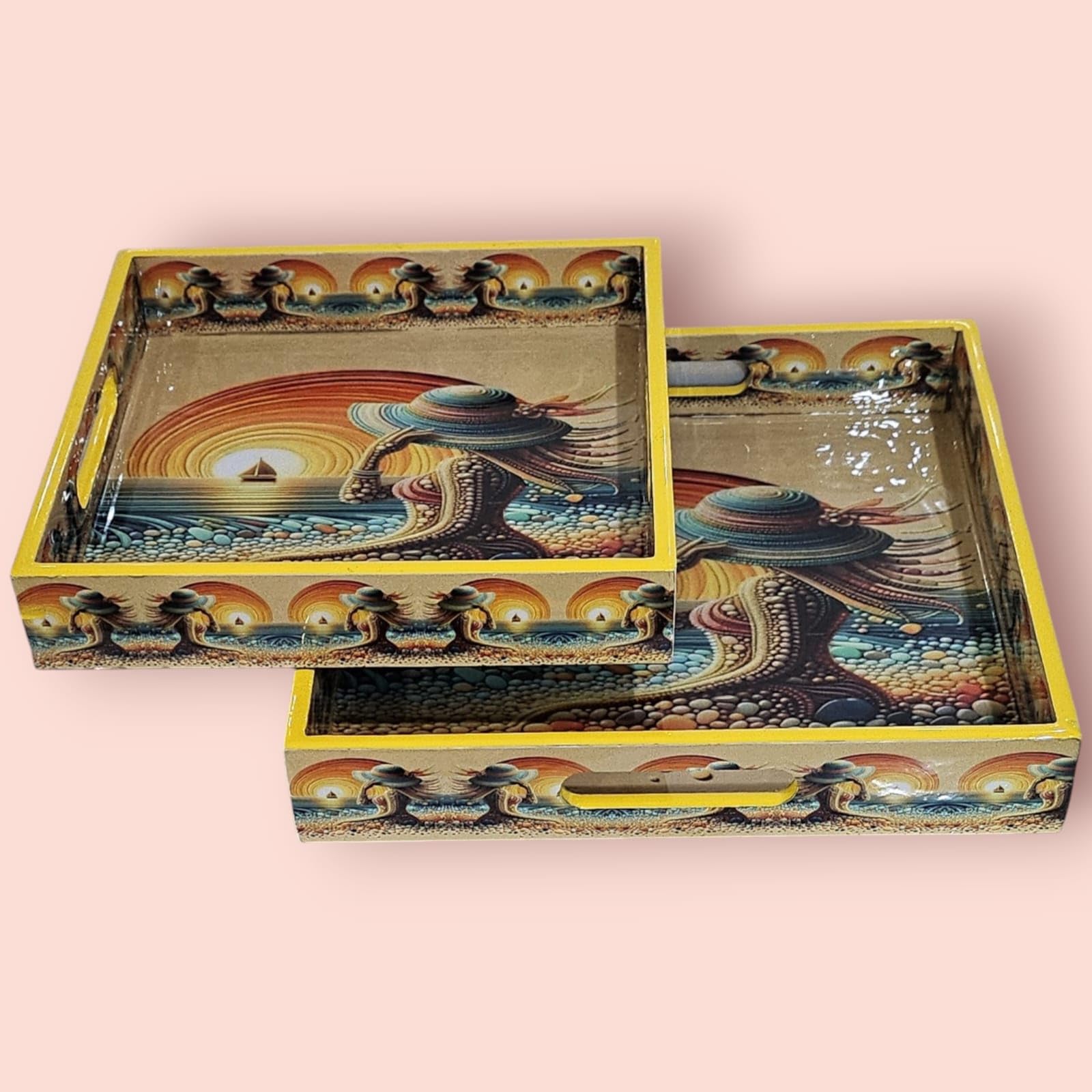 R.R.V. International Resin Coated Mdf Sqaure Tray Set Of 2,Tray For Breakfast, Tea, Coffee, Snacks, Snacks Platter Serving Tray 