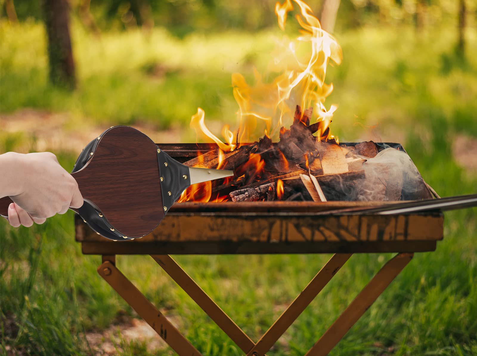 Wood Fireplace Bellows 17''x7.5'' with Hanging Leather Strap  Brown Air Bellower for Outdoor BBQ and Camping