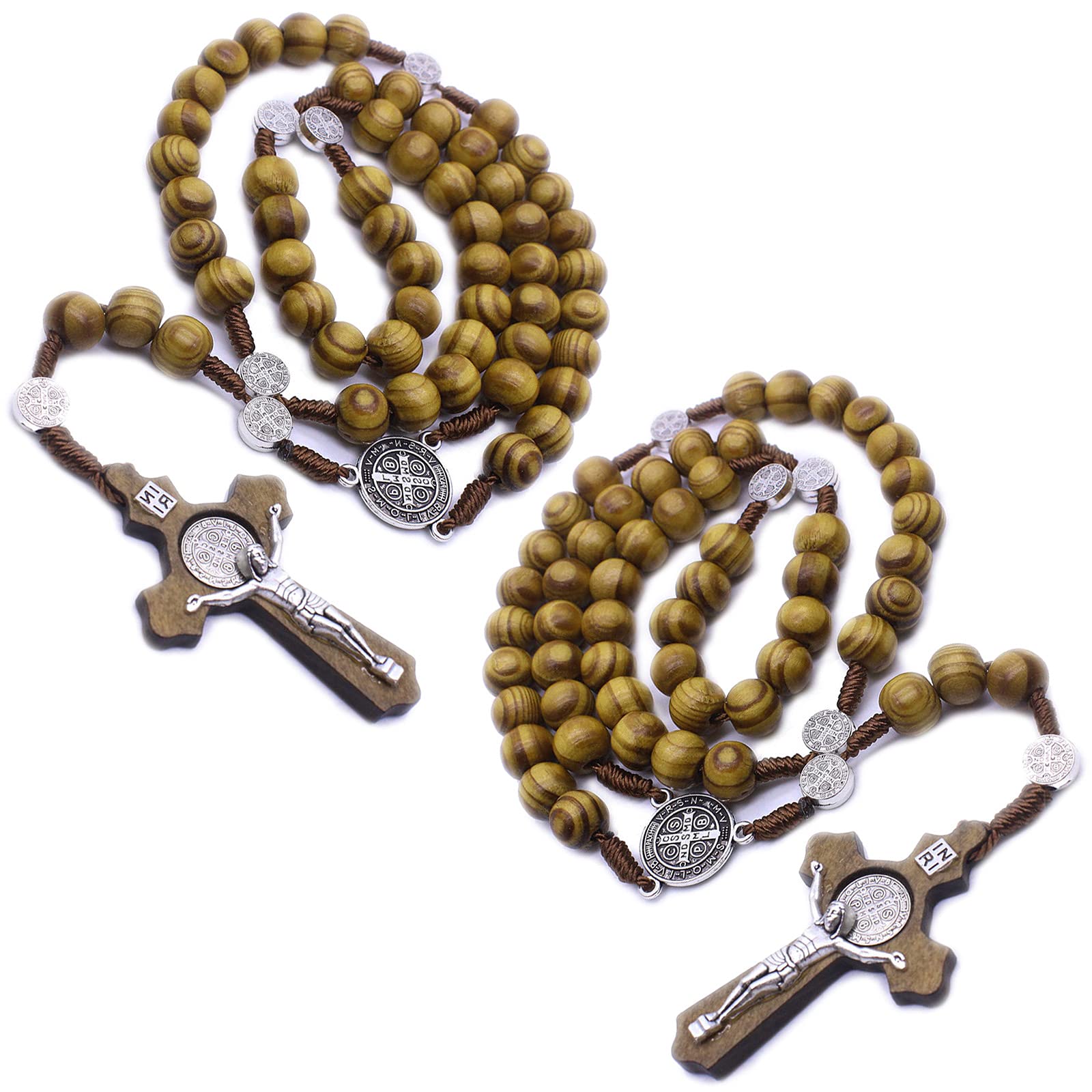 2 Pack Wooden Rosary Beads Catholic for Men, Saint Benedict Handmade Jesus Statue Cross Pendant Rosary Necklace
