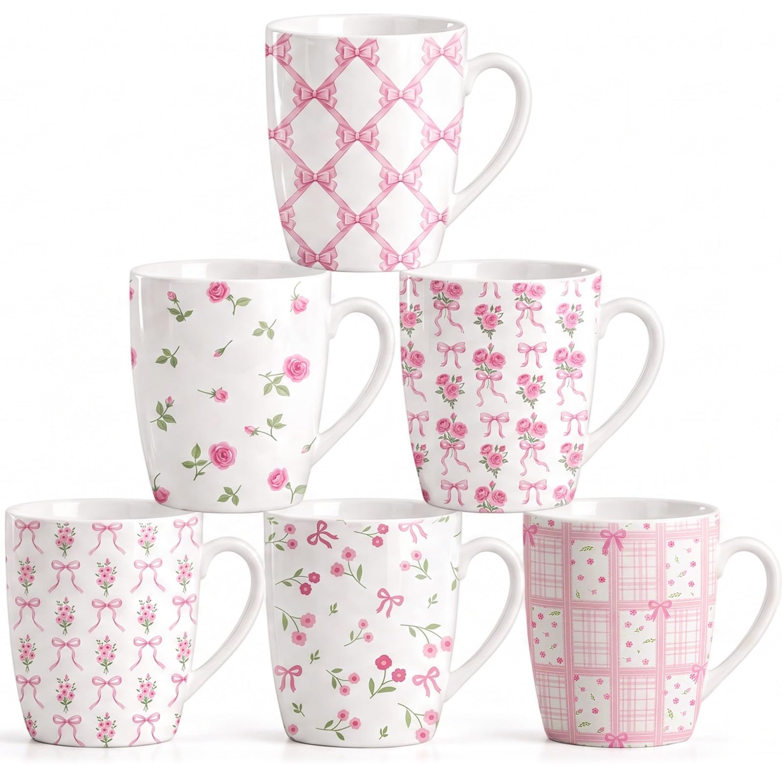 Thenshop 6 Pack Pink Floral Bow Ceramic Mugs, Decorative Coffee Cups