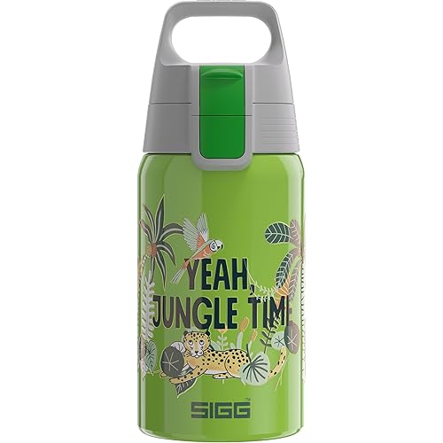 SIGG - Kids Water Bottle - Shield ONE Jungle - Leakproof - Lightweight - BPA Free - Stainless Steel - Green With Leopard - 17 Oz