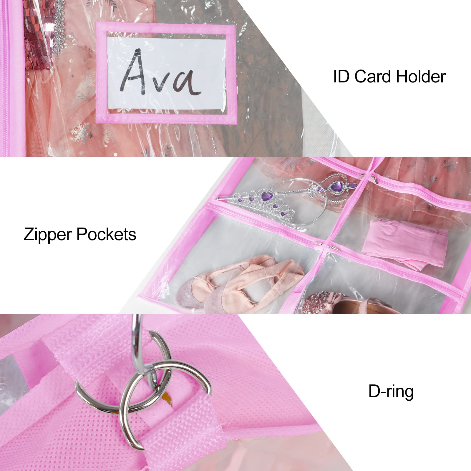 Univivi Clear Pink Pvc Dance Costume Bags (3 Pack) Garment Bag 40 Inch For Dance Competitions, With 4 Medium Clear Zipper Pocket