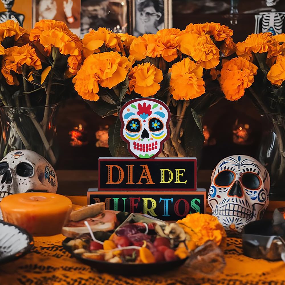 DECSPAS Day of the Dead Decorations, Wood Block Sugar Skull Dia De Los Muertos Decorations with DIA DE MUERTOS Sign, 3-Layered W