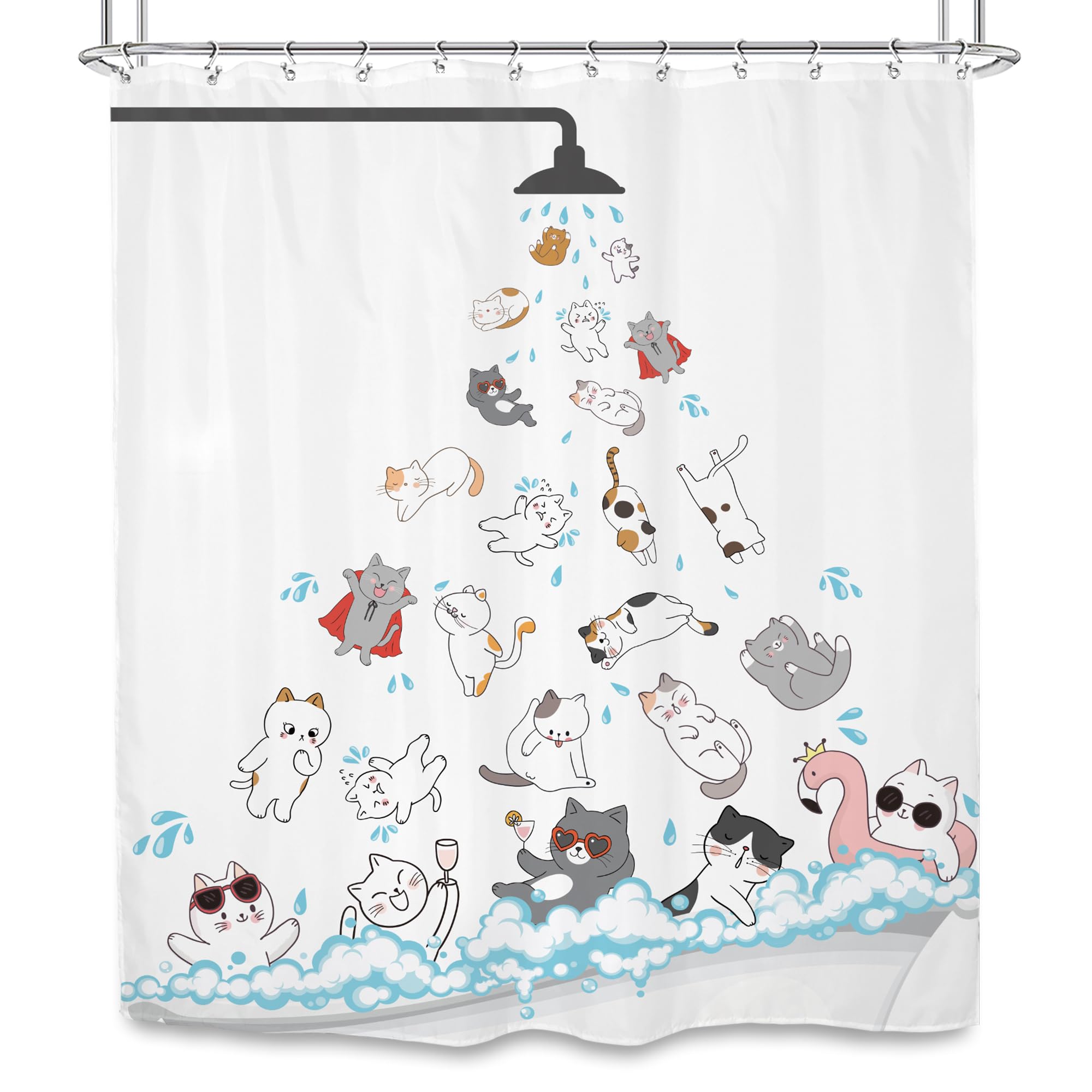 SVBright Cute Cat Shower Curtain 60Wx72L Inch Kids Funny Cartoon Raining Kitty Animal Hilarious Pets Playing Water Kawaii Boys Girl 12 Pack Hooks Polyester Waterproof Fabric Bathroom Bathtub Panels
