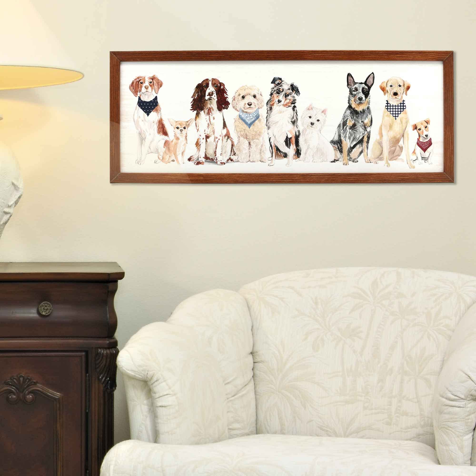 Dogs in a Row Framed Wood Wall Decor - Adorable Dog Wall Art for Living Room, Bedroom or Hallway