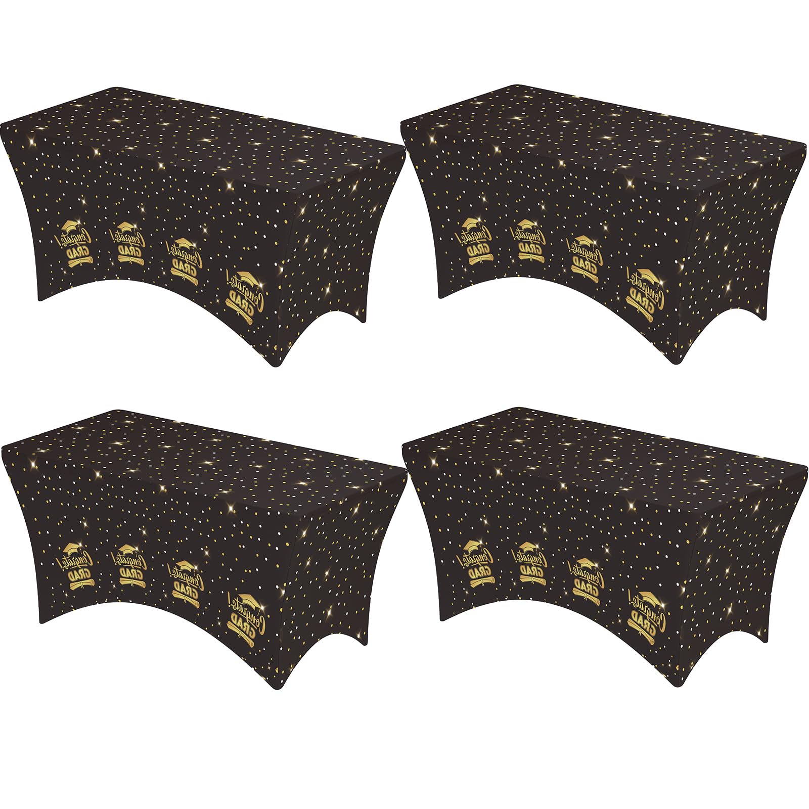 Niuara 4-Pack Graduation Black Spandex Tablecloths - 72x30x30 Stretch Fitted Table Covers for 6ft Rectangle Folding Tables, Wrin