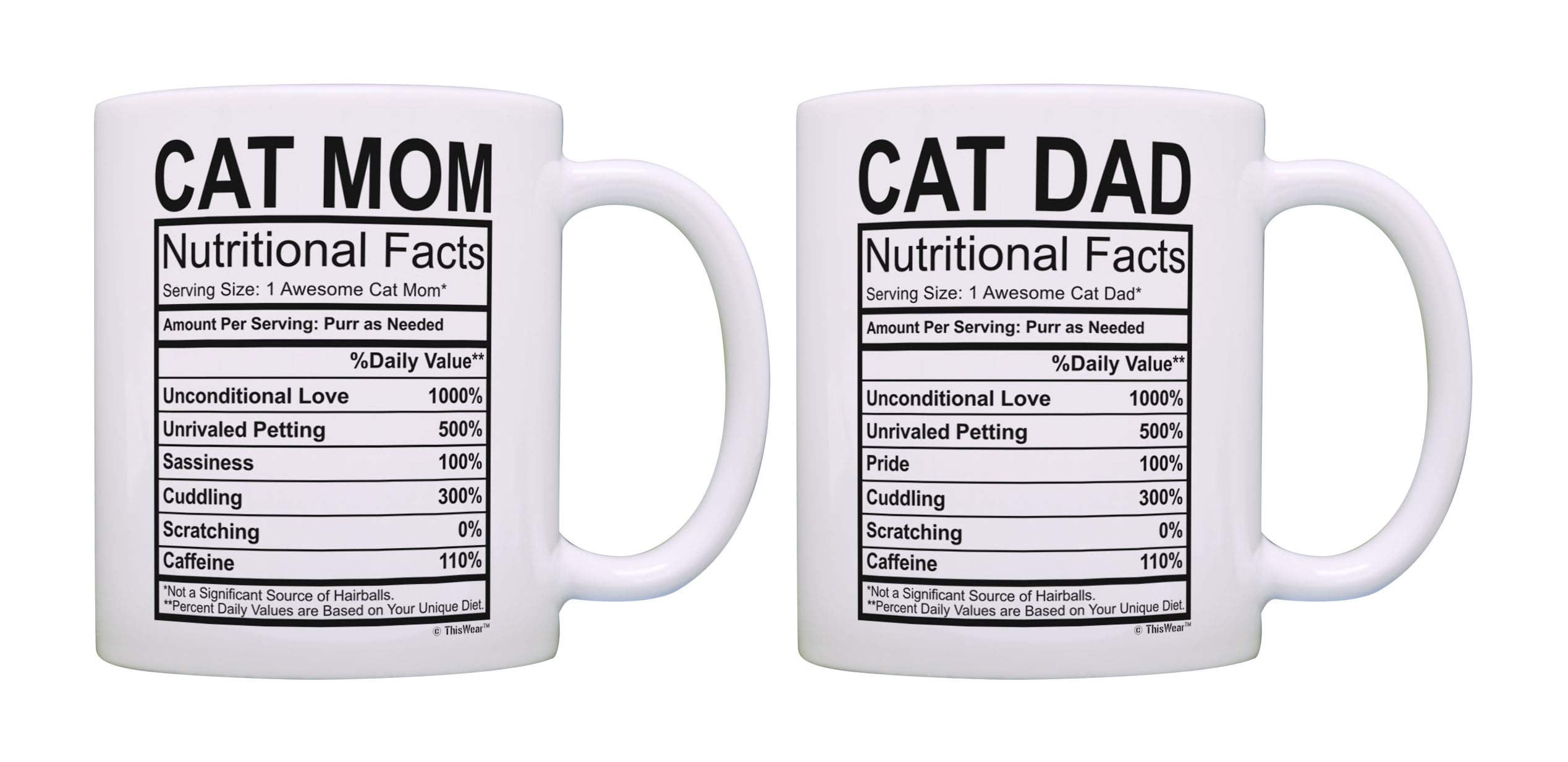 ThisWear Cat Gifts Cat Mom Dad Nutrition Facts Mug Set Pet Parents 2 Pack 11oz Ceramic Coffee Mug Set