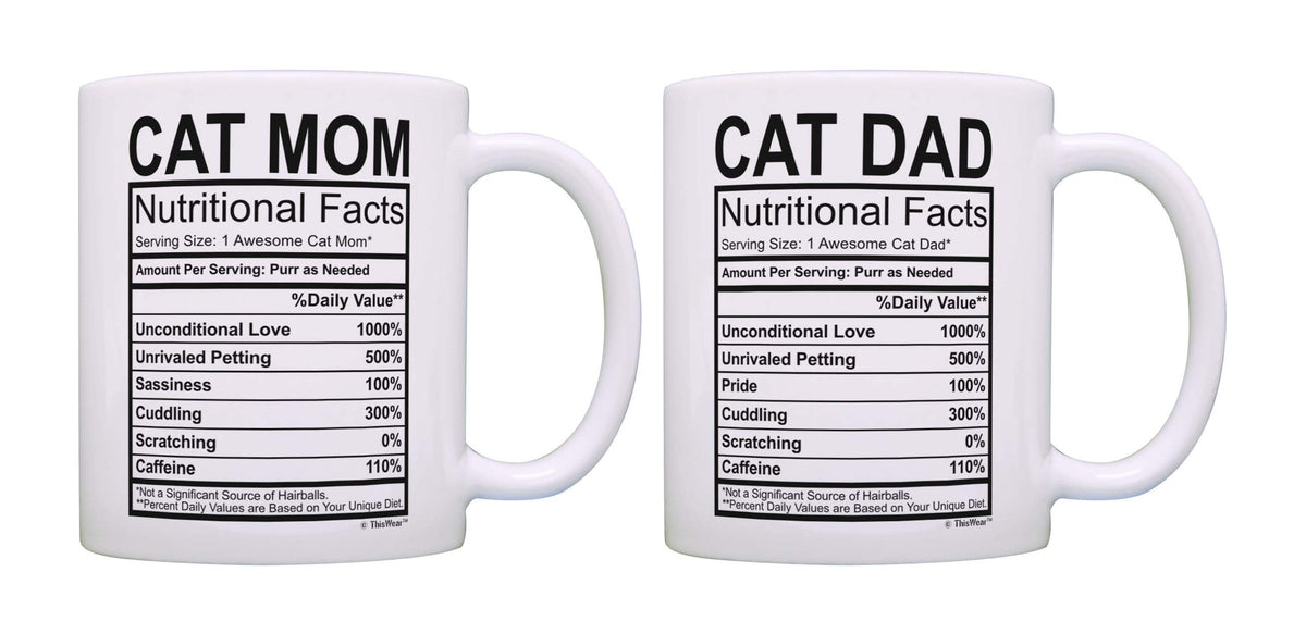 ThisWear Cat Gifts Cat Mom Dad Nutrition Facts Mug Set Pet Parents 2 Pack 11oz Ceramic Coffee Mug Set