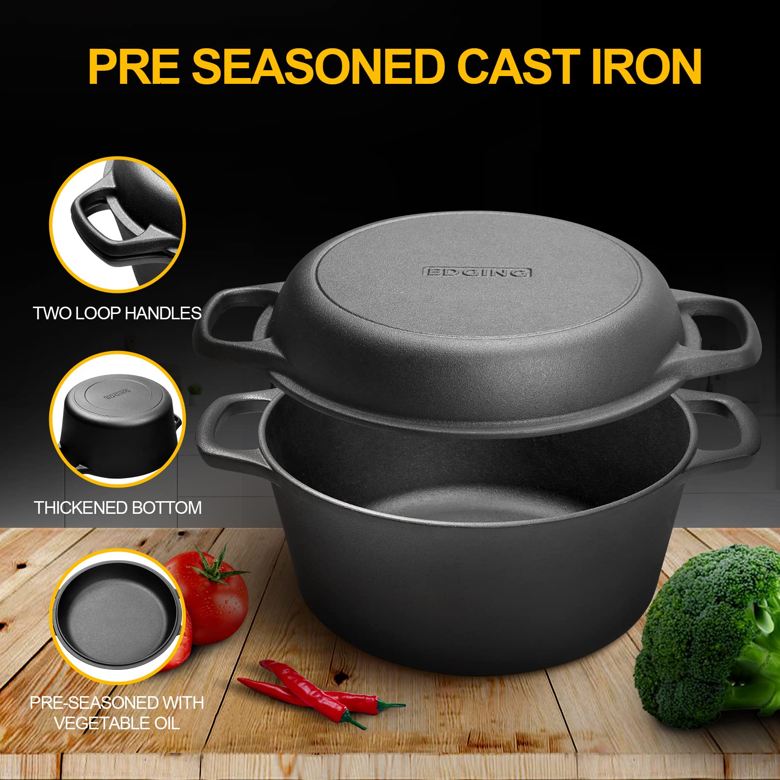 Edging Casting 2-In-1 Pre-Seasoned Cast Iron Dutch Oven Pot With Skillet Lid Cooking Pan, Cast Iron Skillet Cookware Pan Set Wit