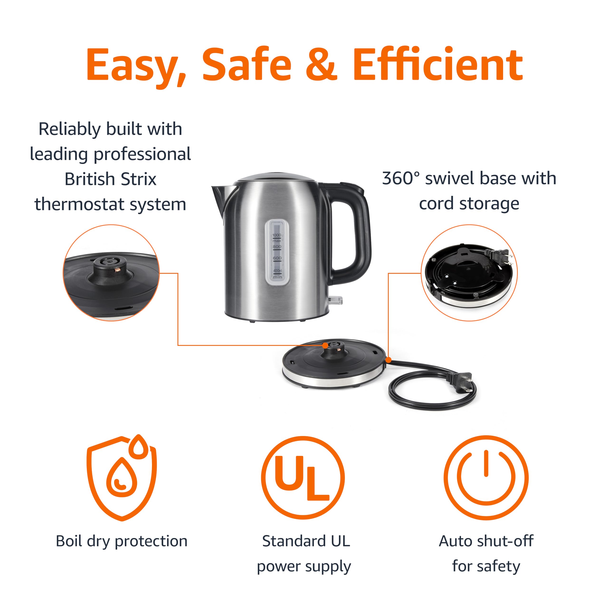 Amazon Basics 1.1Qt (1L) Electric Kettle, Tea Kettle & Water Boiler, with Auto Shut-Off, Boil Dry Protection, High-Safety Strix