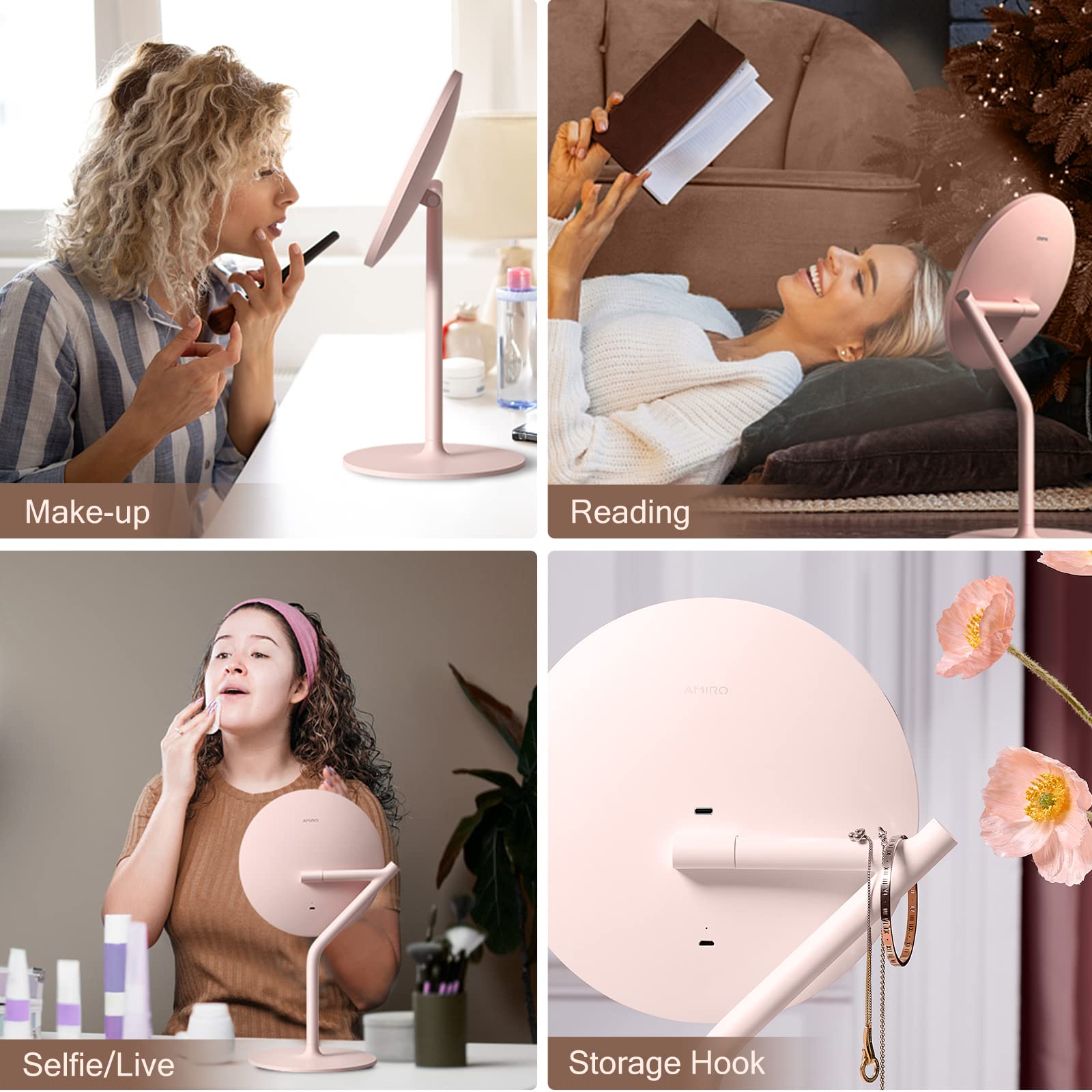 AMIRO Professional 8 LED Lighted Makeup Mirror with 5-Level Brightness, with 5X Magnifying Small Mirror, Tabletop Rechargeable C