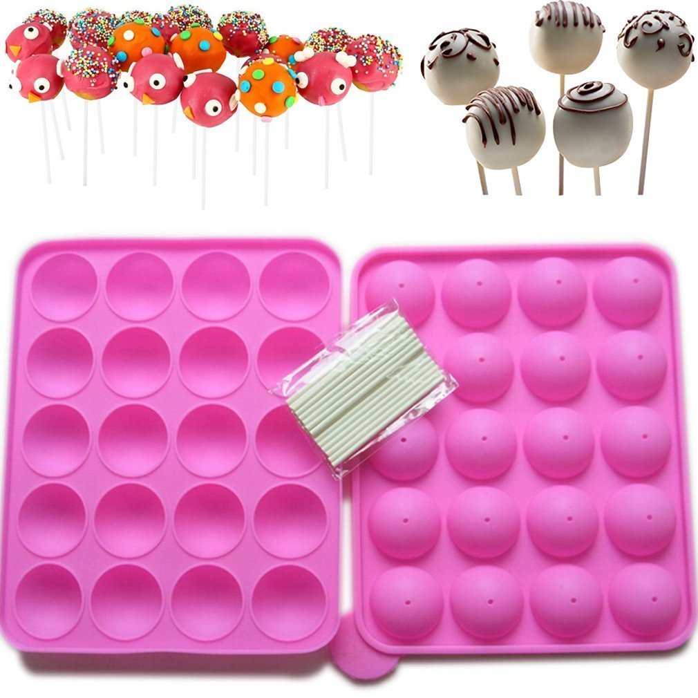 Rbenxia Silicone Cake Mold 20-Cavity Half Circle Lollipop Party Cupcake Baking Mold Cake Pop Stick Mold Tray Hot Pink With 25 St