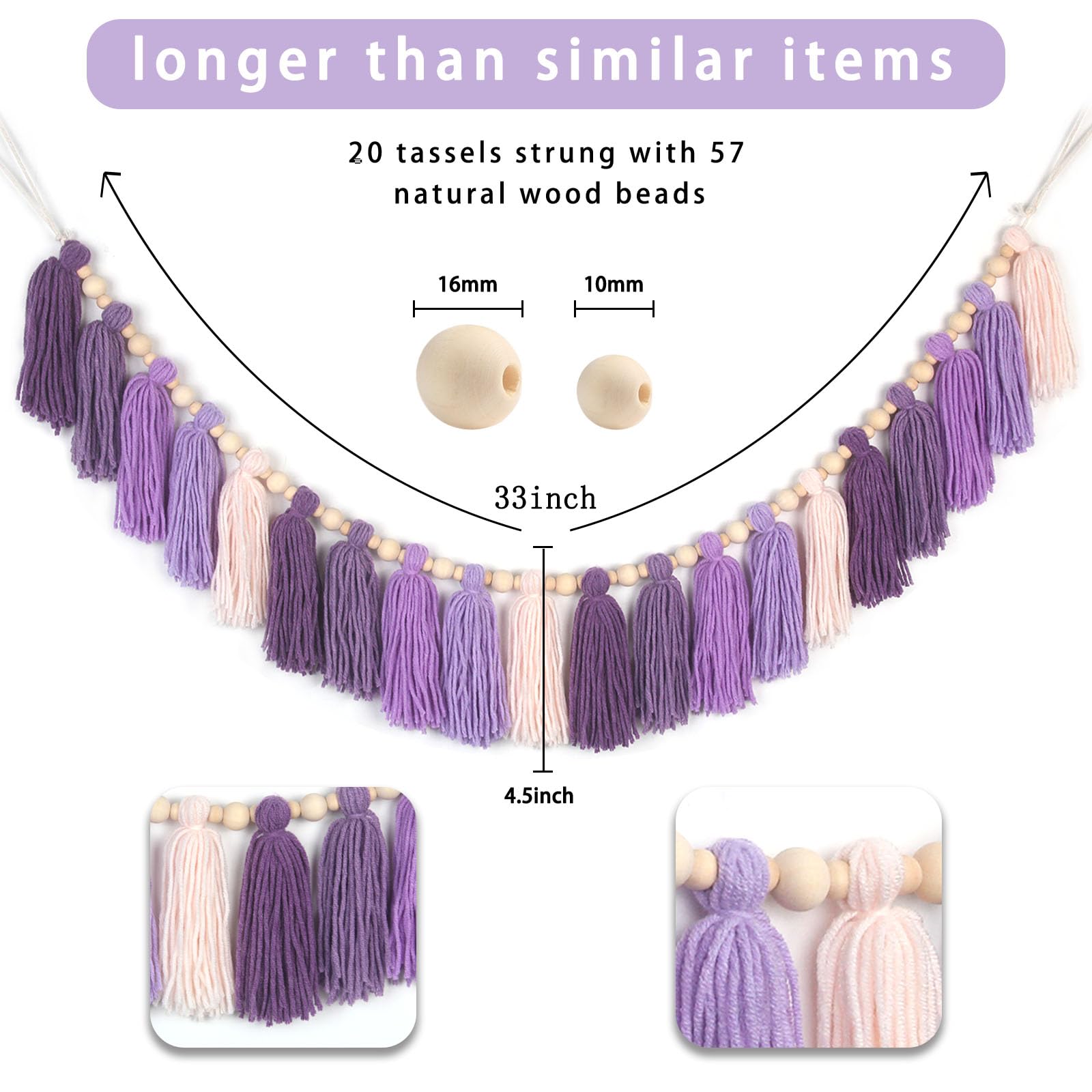 GIAUMA Purple Yarn Tassel Garland with Wood Beads Boho Lavender Wall Hanging Bunting Banner Decor for Classroom Kids Dorm Room B
