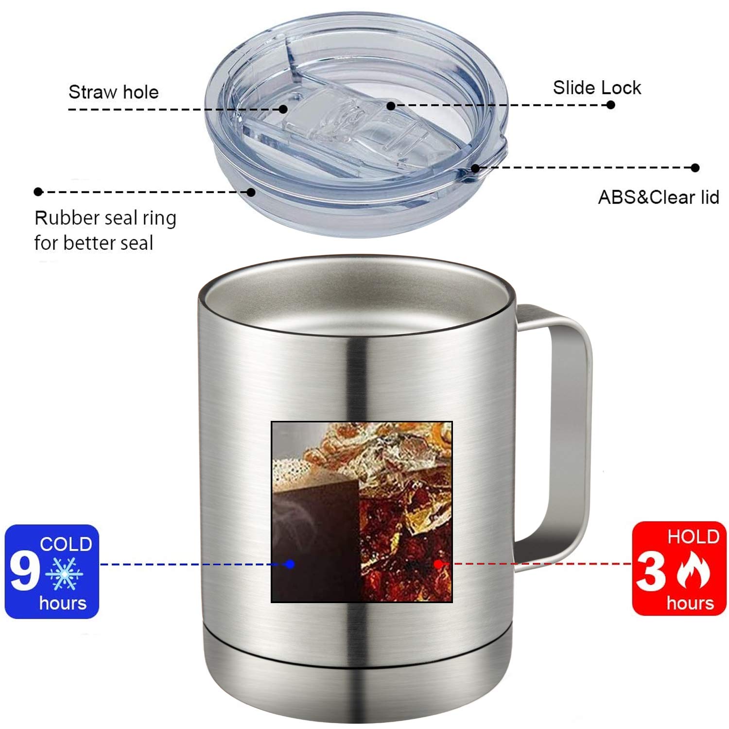 Meway 12Oz Coffee Mug With Handle,Stainless Steel Insulated Travel Tumblers With Sliding Lid,Double Wall Vacuum Camping Cup For