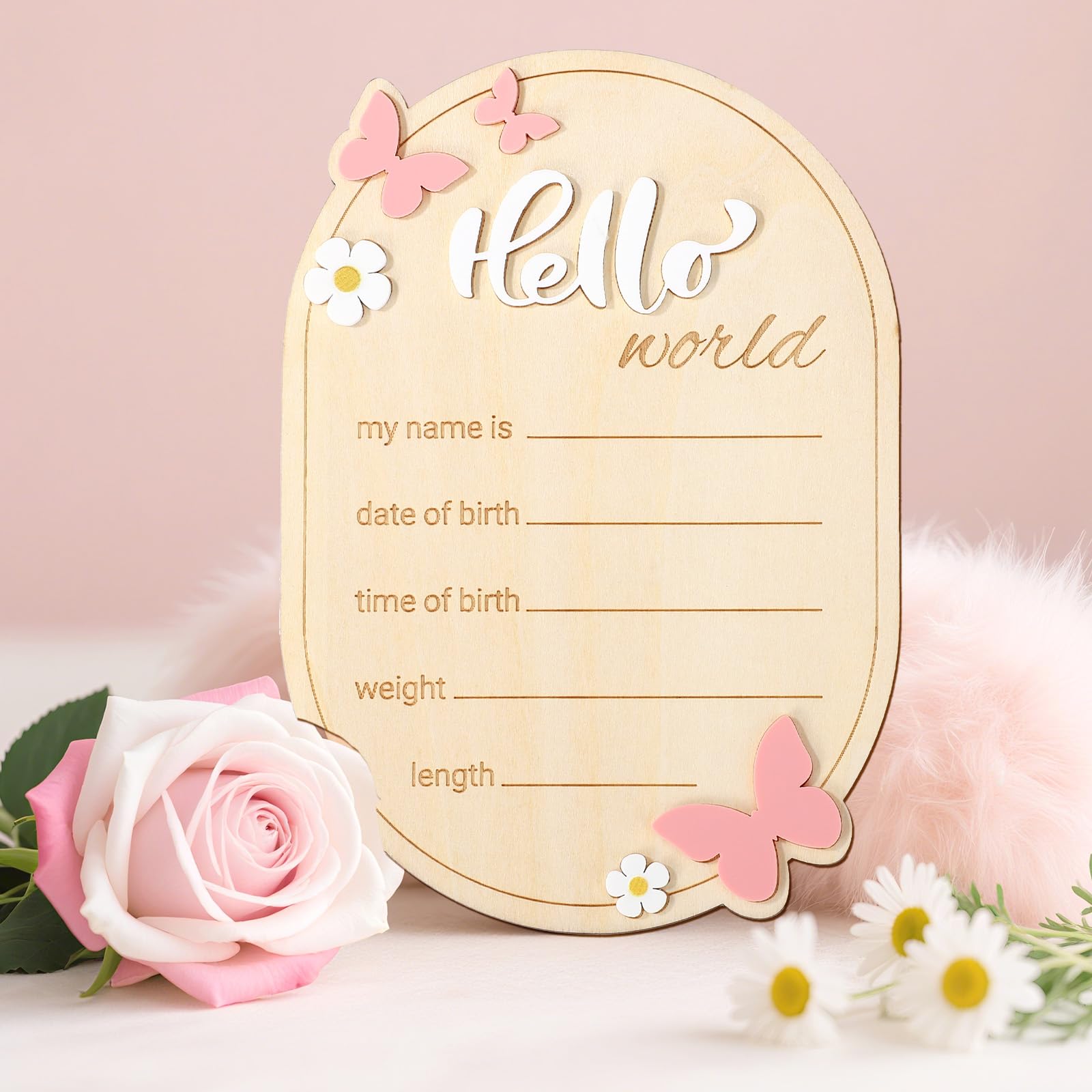 Wooden Baby Birth Announcement Sign, Hello World Newborn Name Signs Daisy & Butterfly Welcome Baby Arrival Plaque for Hospital N