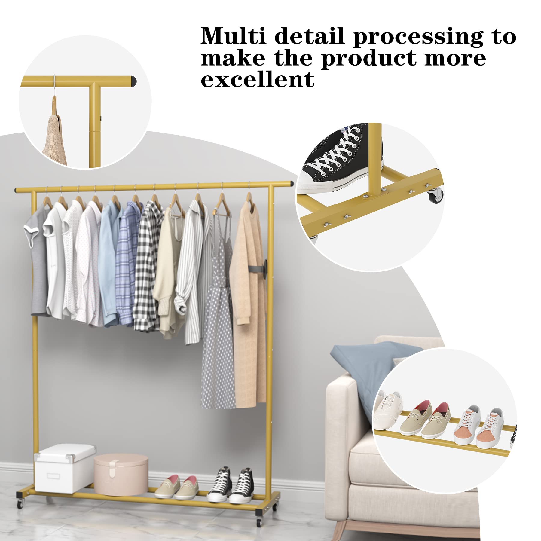 Buzowruil Clothing Clothes Rack Standard Rod Simple Rolling Metal Garment Rack Organizer Hanger With Wheels,Gold