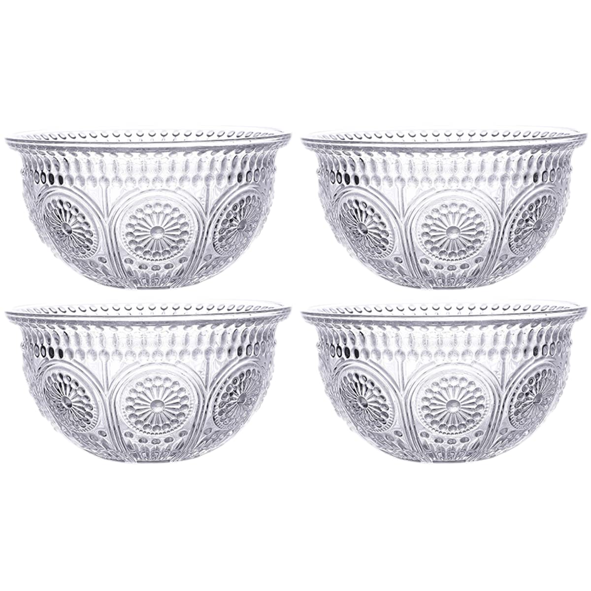 Sizikato 4Pcs Embossed Glass Dessert Bowl, 13Oz Clear Glass Snack Bowl, Salad Bowl