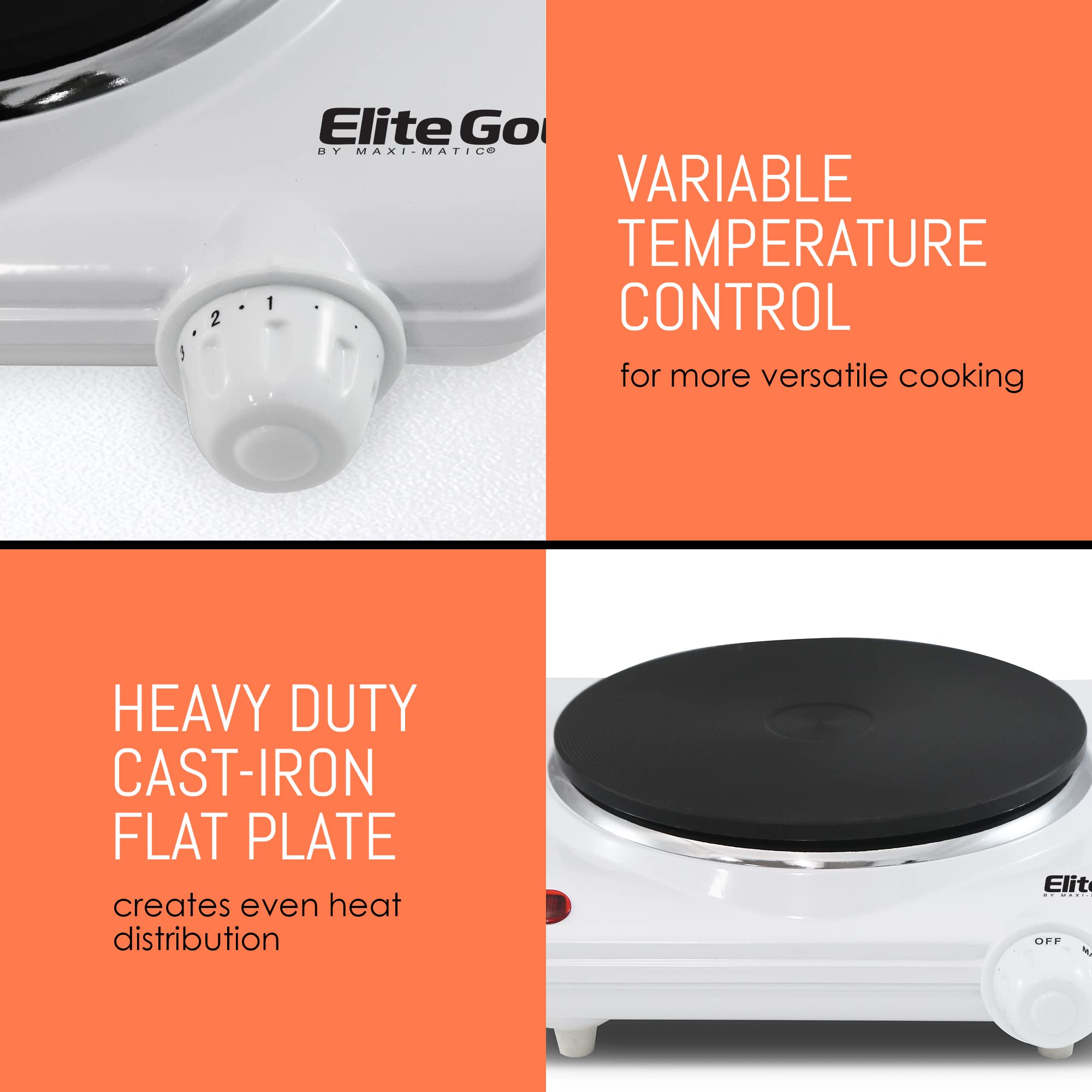 Elite Gourmet Esb-301F Countertop Single Cast Iron Burner, 1000 Watts Electric Hot Plate, Temperature Controls, Power Indicator