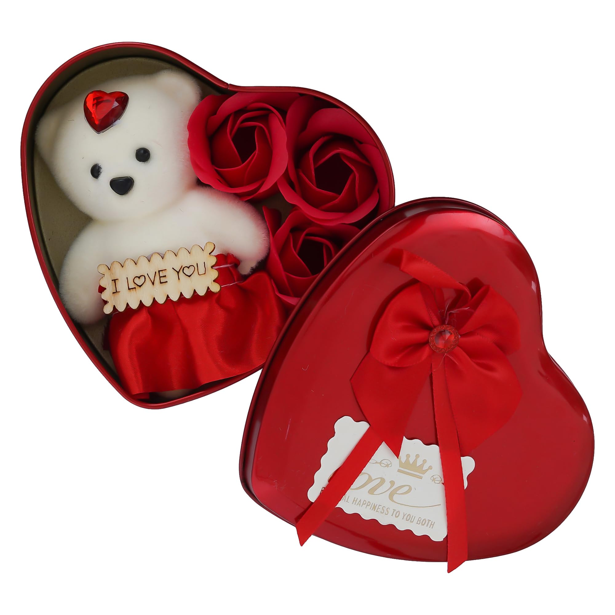 Ecraftindia Heart Shaped Valentines Day Gift Box With I Love You Message Teddy Bear 3 Red Roses| Valentine Gift For Girlfriend B