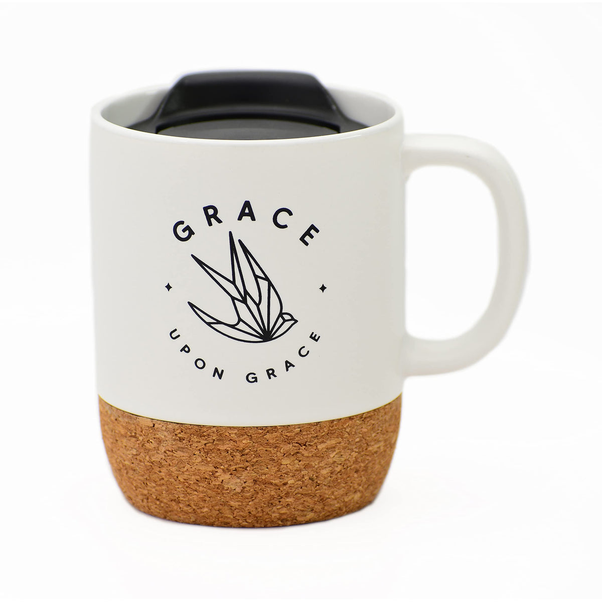 Ceramic Designer Coffee Mug | Grace upon Grace | Holds 14 ounces | Cork Bottom with Lid | Great for Coffee, Tea, Soups, Hot Choc