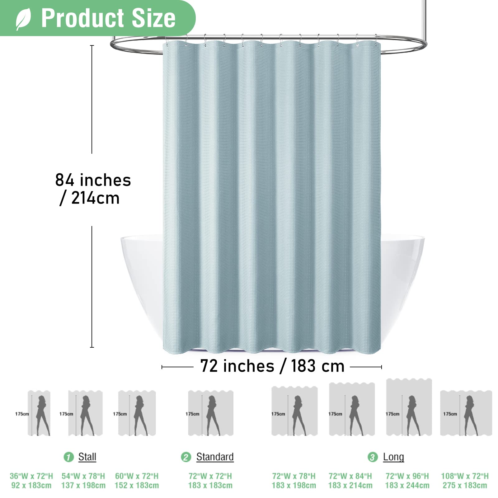 Dynamene Extra Long Shower Curtain - 84 Inch Long Fog Blue Waffle Weave Heavy Duty Fabric Bathroom Shower Curtain, Neutral Weigh