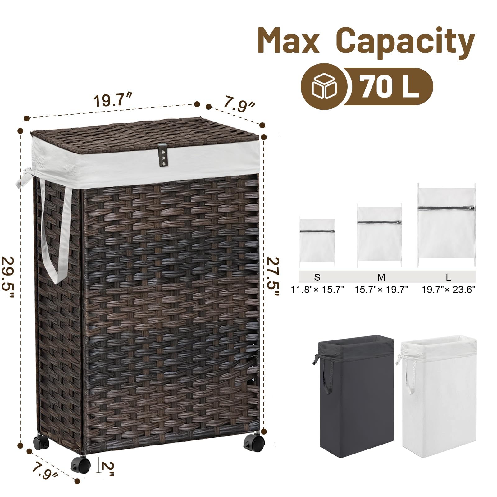 70L Slim Laundry Hamper With Lid & Wheels, 2-Park Rolling Laundry Basket With 4 Removable Liner Bags & 3 Mesh Bags, Narrow Dirty
