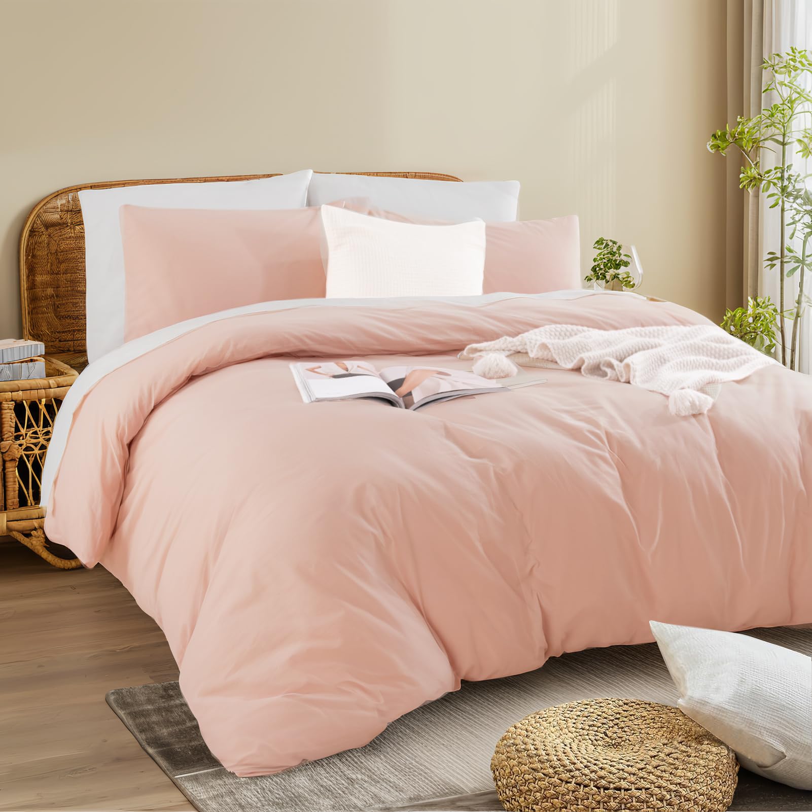Nexhome Pro Duvet Cover Set Queen Size Linen Feel Textured Organic Natural 100 Washed Cotton Duvet Cover 3 Pieces Bedding Set Wi