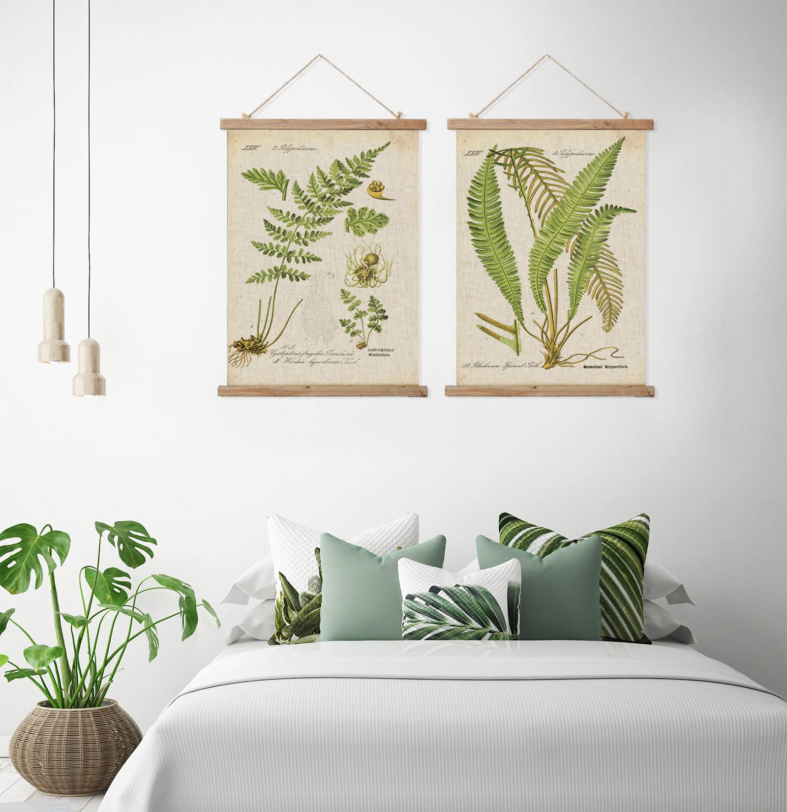 2 Pack Vintage Ferns Poster Hanger Frame, Retro Style Wall Art Prints, Printed On Linen With Natural Wooden Frames, For Living R