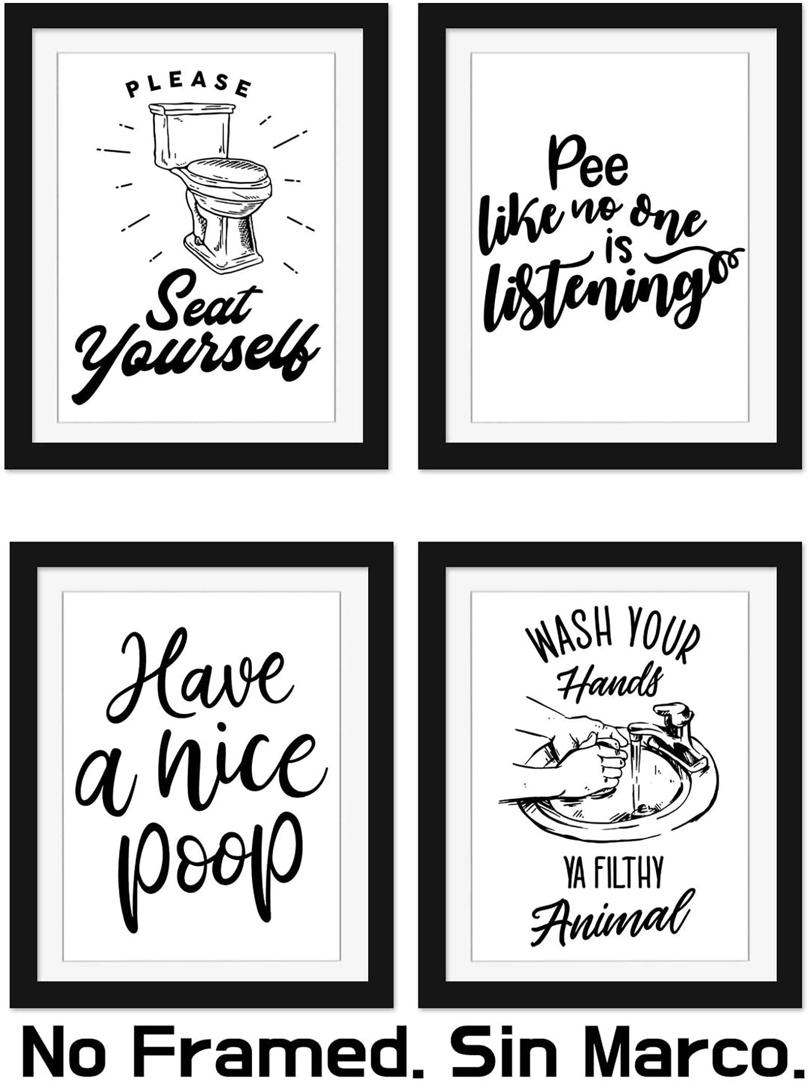 Funny Bathroom Signs (Set Of 4 Unframed - 8 X 10 Inches), Bathroom Typography Wall Decor Prints,Black And White Unframed By Mode