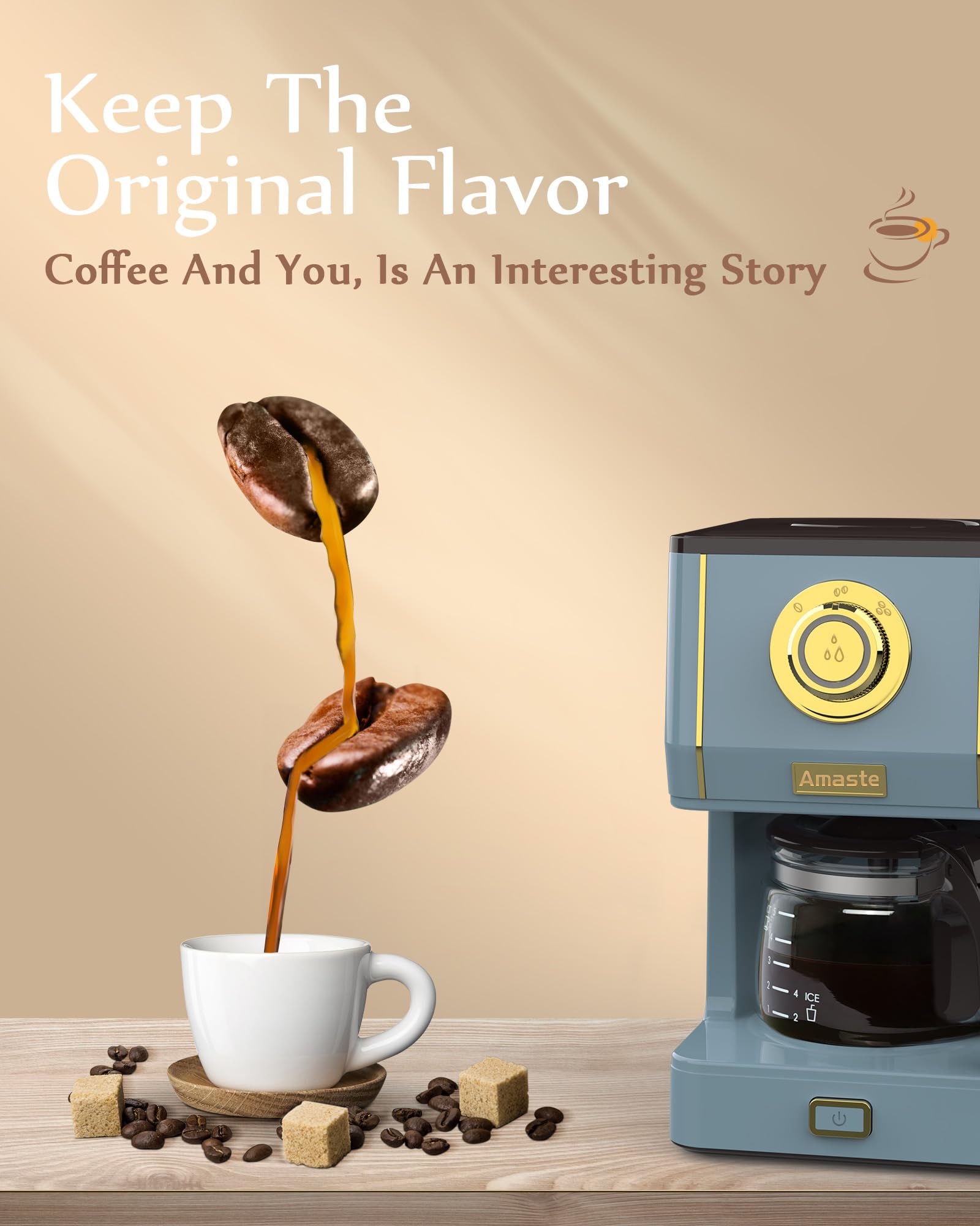 Amaste Coffee Maker, 5 Cup Coffee Pot With Three Brewing Modes, Retro Coffee Maker With Glass Carafe & Reusable Coffee Filter, D