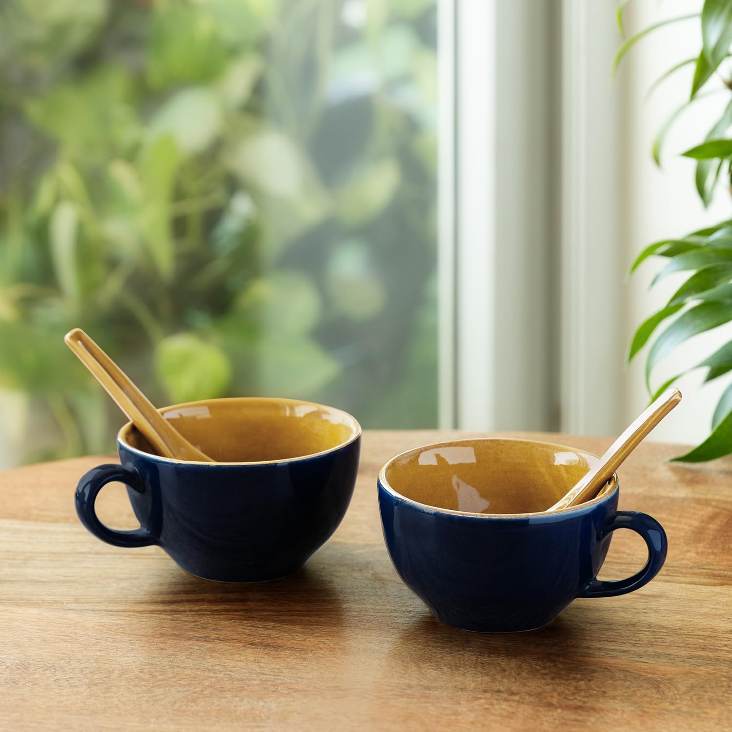 Exclusivelane 'Mariana Blues' Hand Glazed Ceramic Soup Bowl With Spoon Soup Bowls Cup (Set Of 2, 320 Ml, Microwave Safe, Dishwas