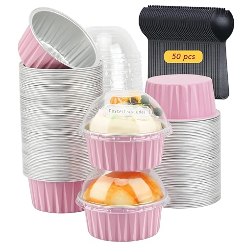 Jumbo Muffin Liners With Lids 50 Pack,Free-Air 5Oz Aluminum Foil Cupcake Cups Muffin Tins,Disposable Ramekins Cupcake Baking Pan