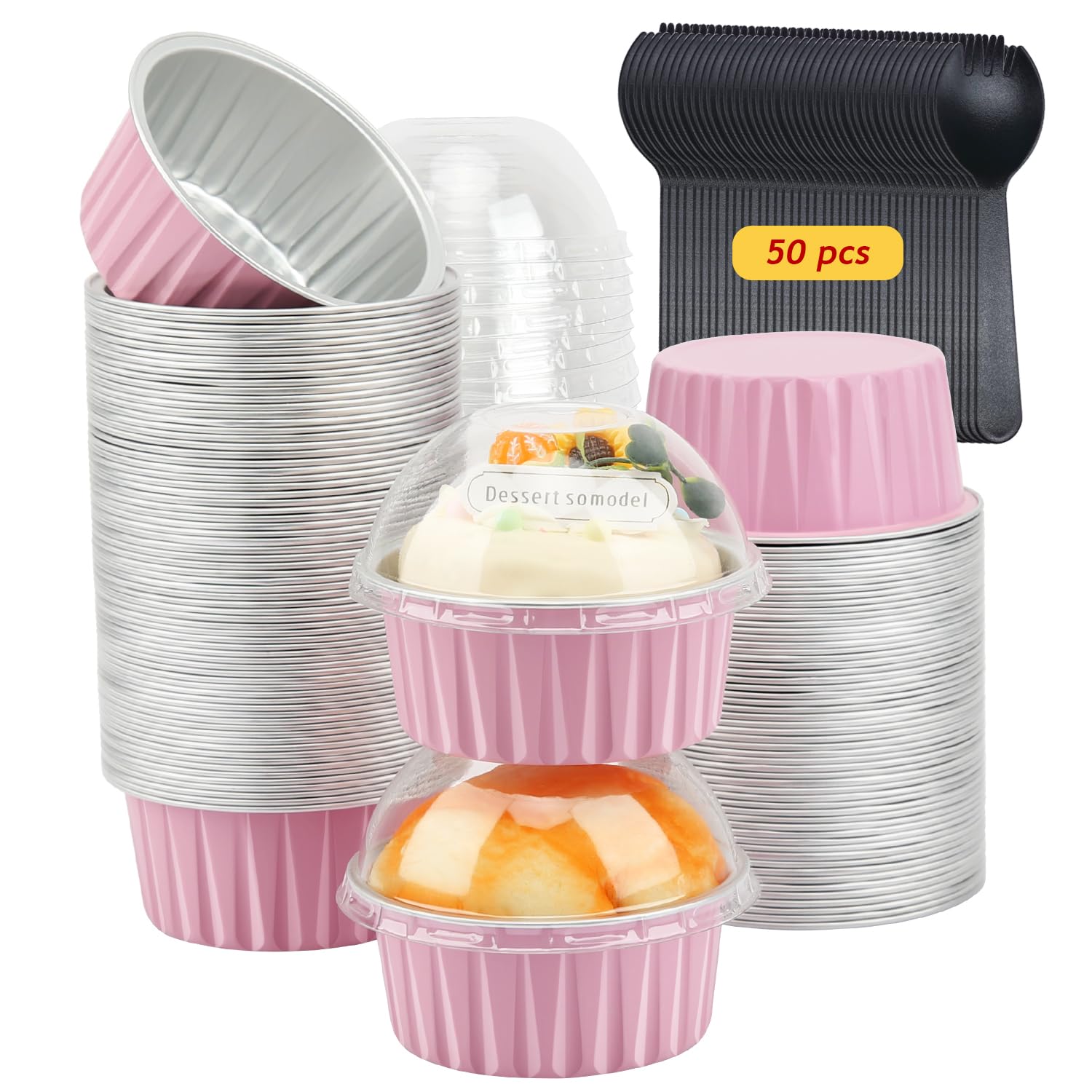 Jumbo Muffin Liners With Lids 50 Pack,Free-Air 5Oz Aluminum Foil Cupcake Cups Muffin Tins,Disposable Ramekins Cupcake Baking Pan