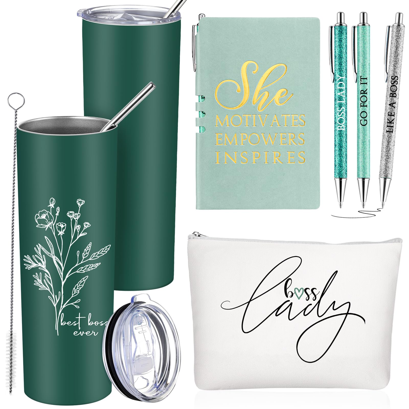 Funnymoom 6 Pcs Boss Day Gift Set Lady Appreciation Thank You for Women 20 oz Aesthetic Boho Flower Tumbler Tote Bag Makeup Bag 