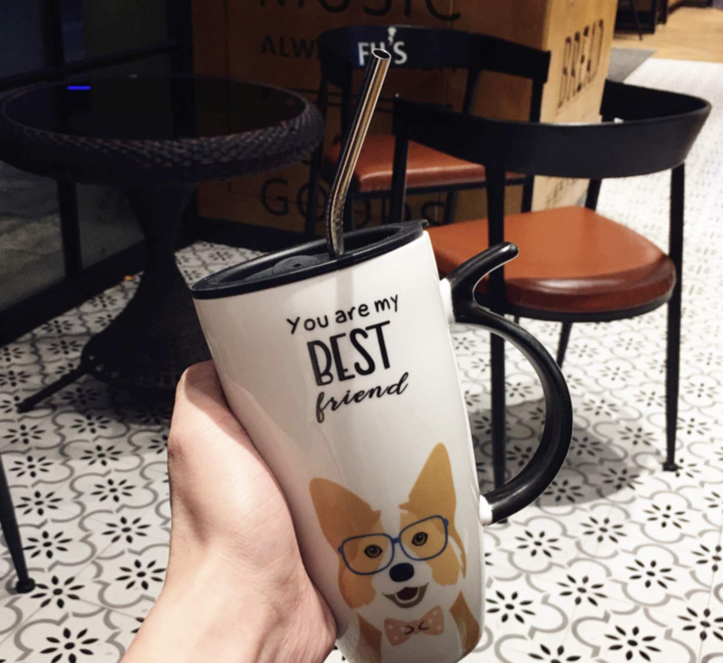 Nayothecorgi Corgi Mug Set W/Lid, Metal Straw & Spoon - Ceramic Mug - Best Friend Coffee Tumbler With Lid And Straw - Reusable C