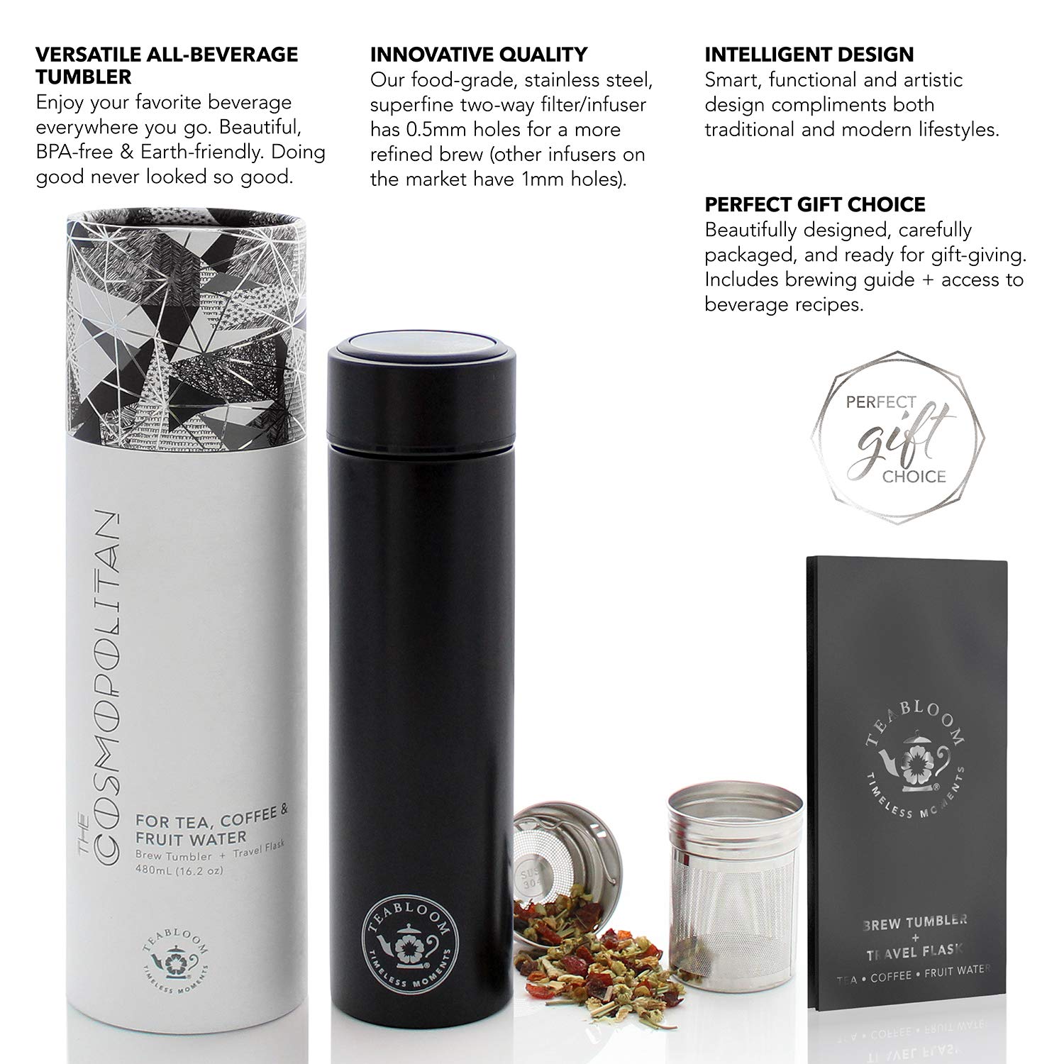 Teabloom - The Original All-Brew Travel Tumbler & Thermos | Oprahs Favorite | 16Oz/480Ml Insulated Water Bottle/Tea Flask/Cold B